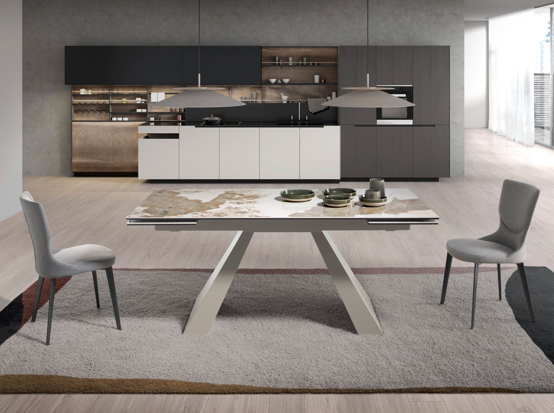 Rectangular extending dining table in porcelain marble and taupe grey steel