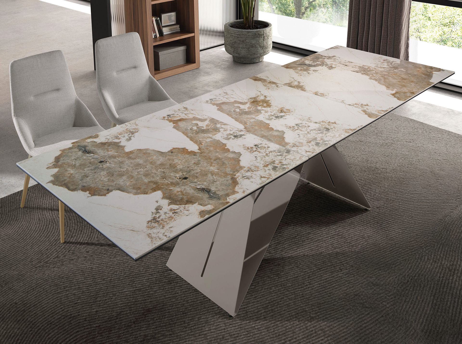 Rectangular extending dining table in porcelain marble and taupe grey steel