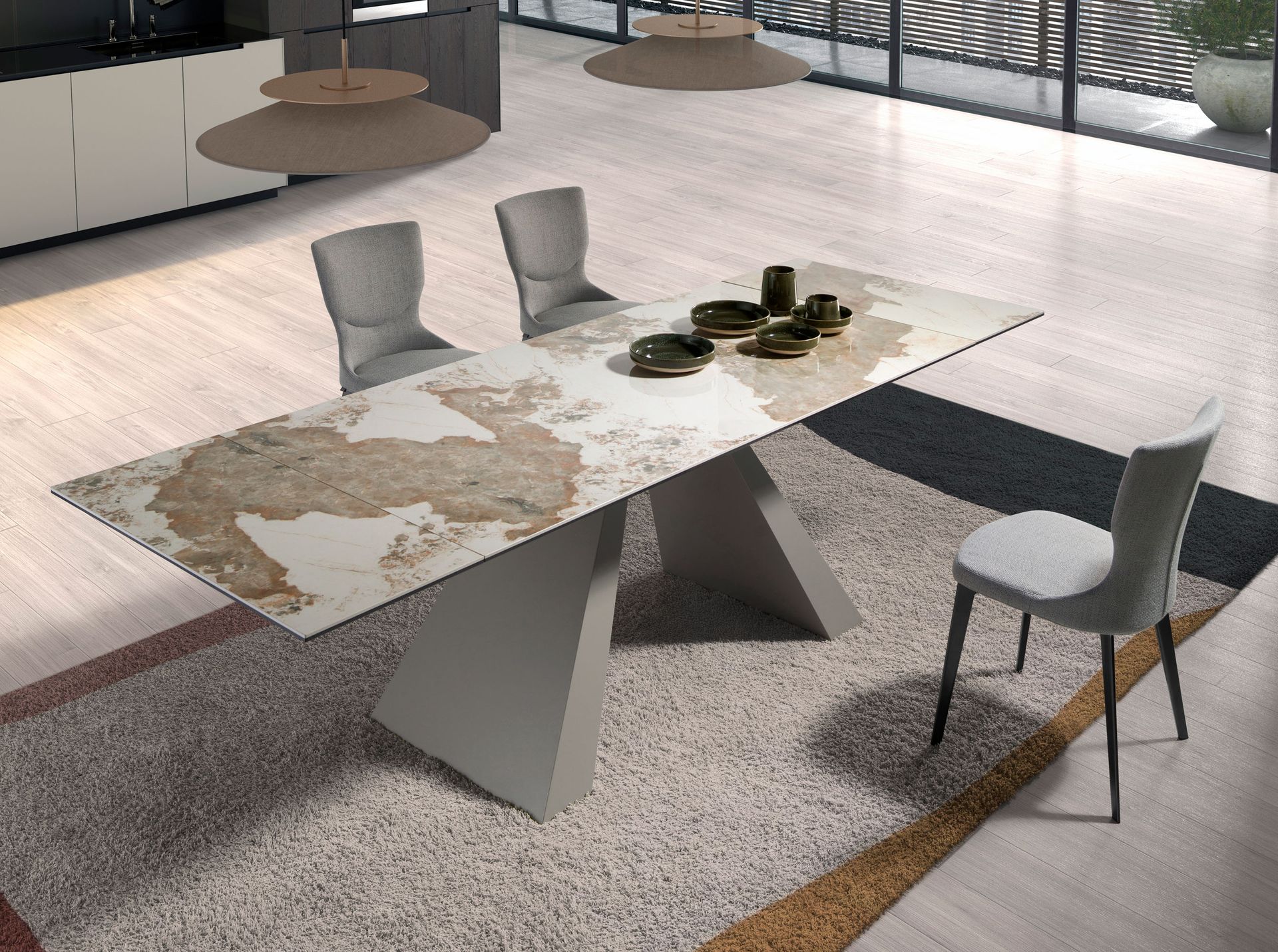 Rectangular extending dining table in porcelain marble and taupe grey steel