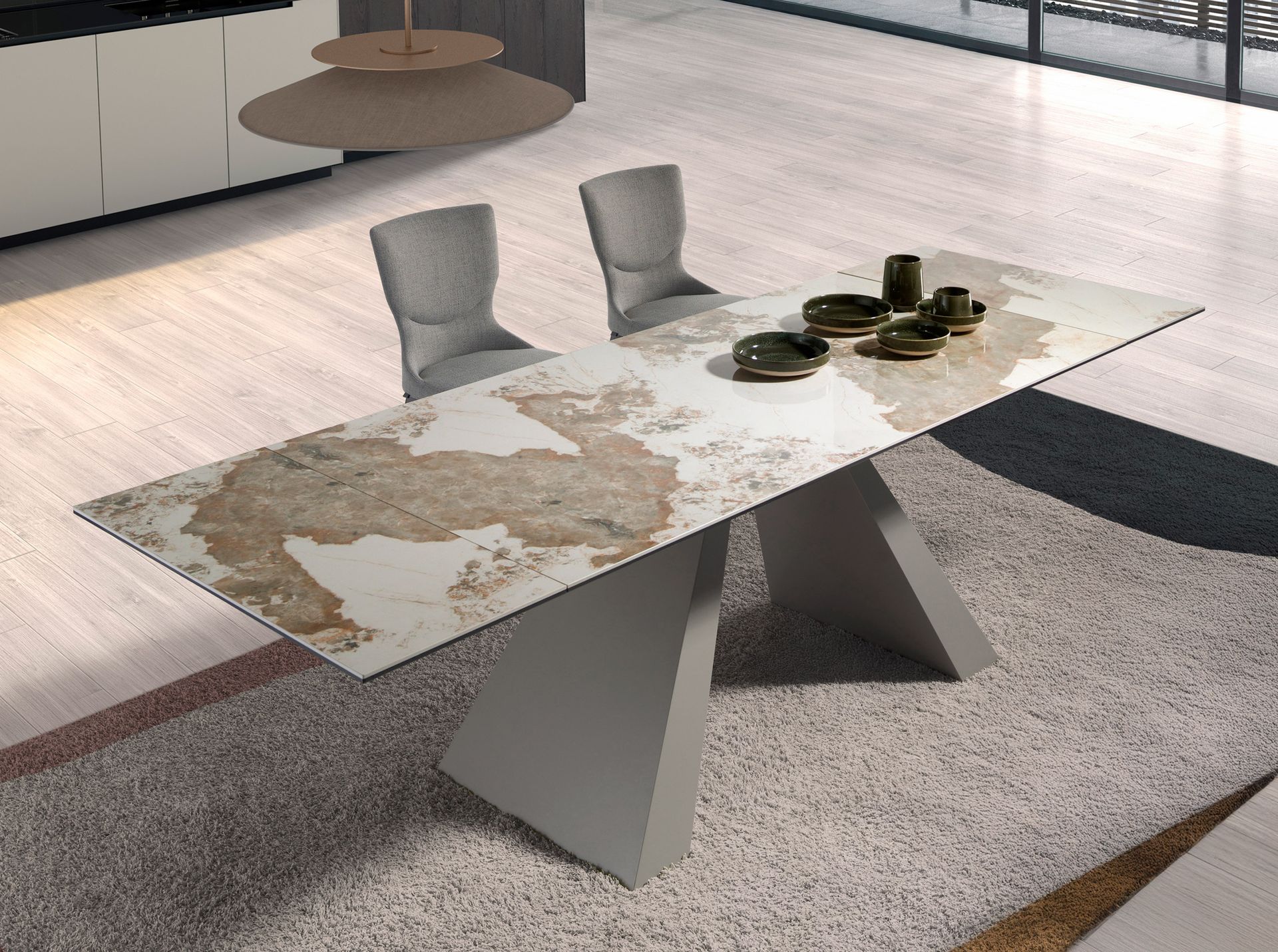 Rectangular extending dining table in porcelain marble and taupe grey steel