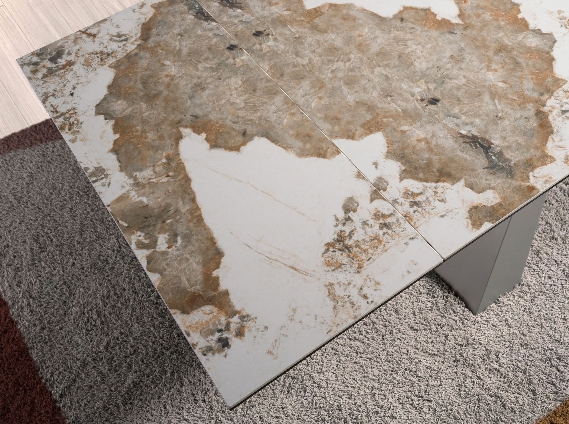 Rectangular extending dining table in porcelain marble and taupe grey steel