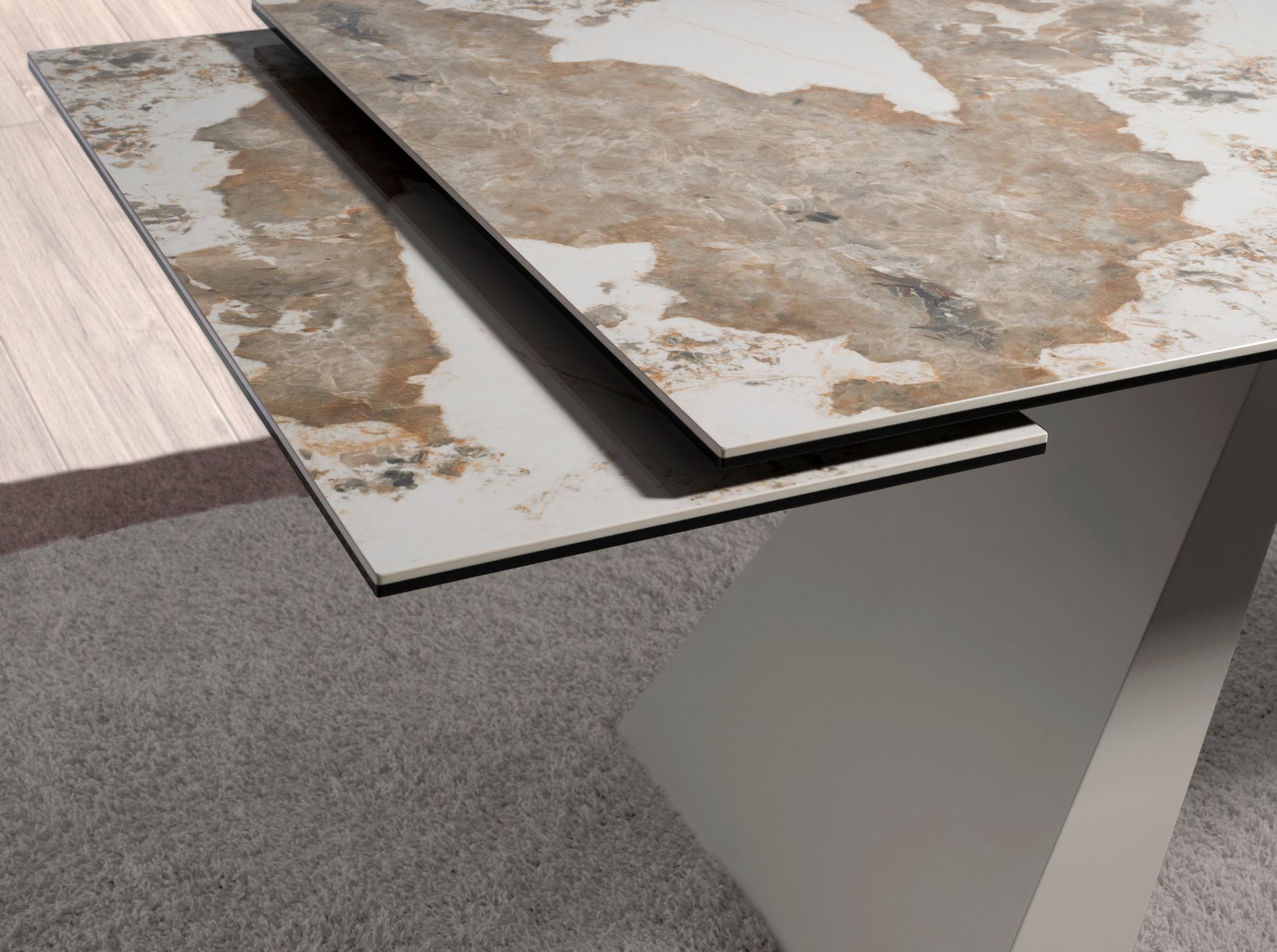Rectangular extending dining table in porcelain marble and taupe grey steel