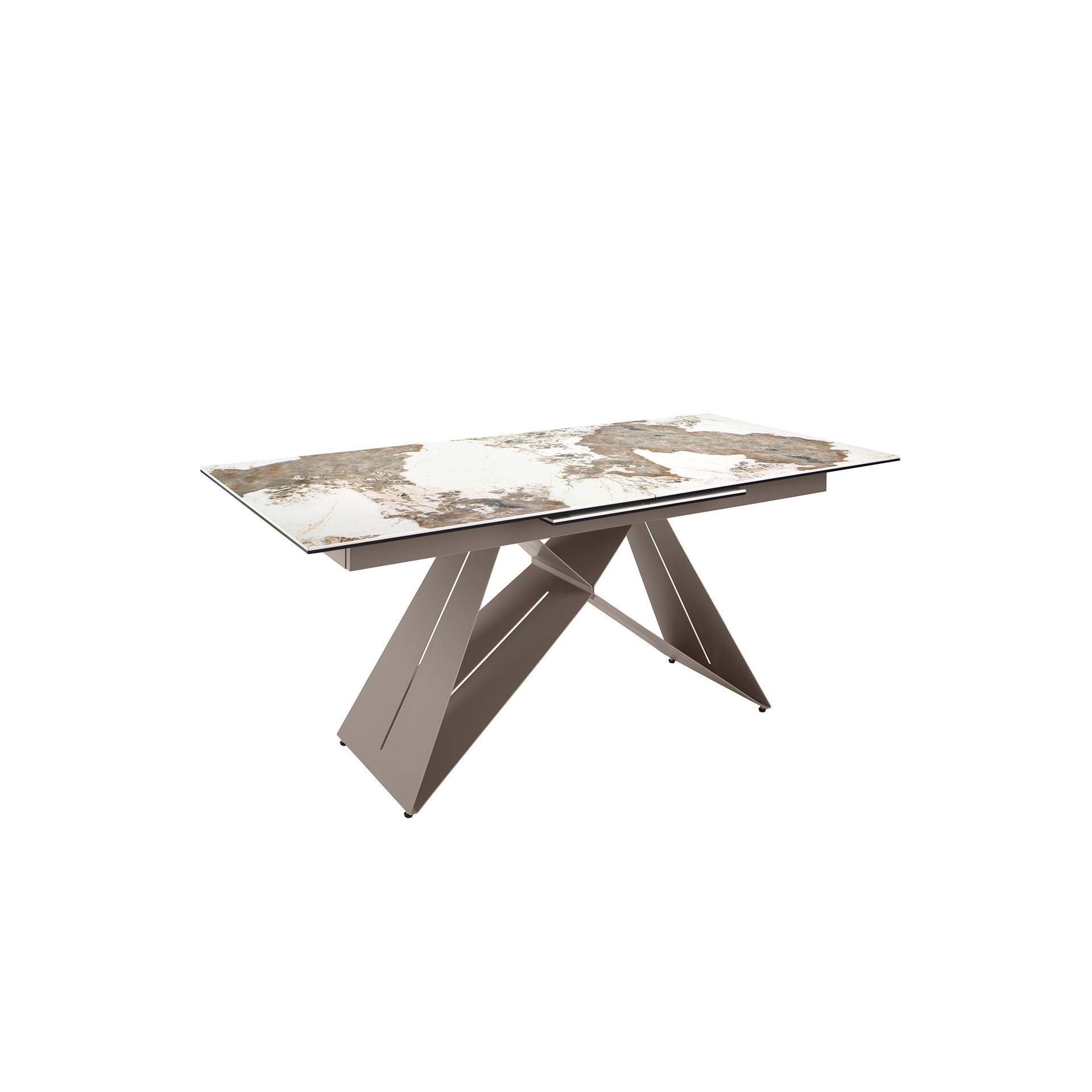 Rectangular extending dining table in porcelain marble and taupe grey steel