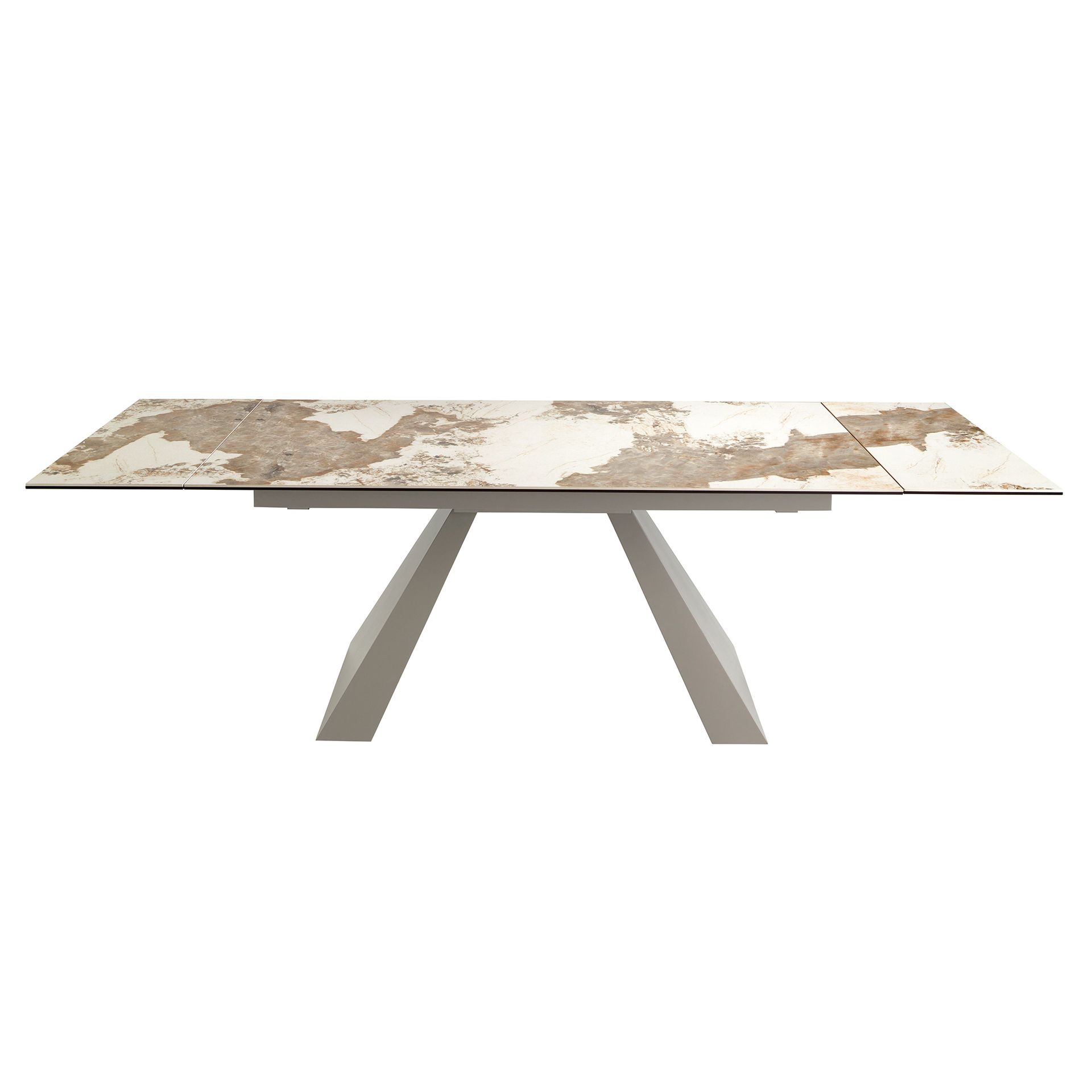 Rectangular extending dining table in porcelain marble and taupe grey steel