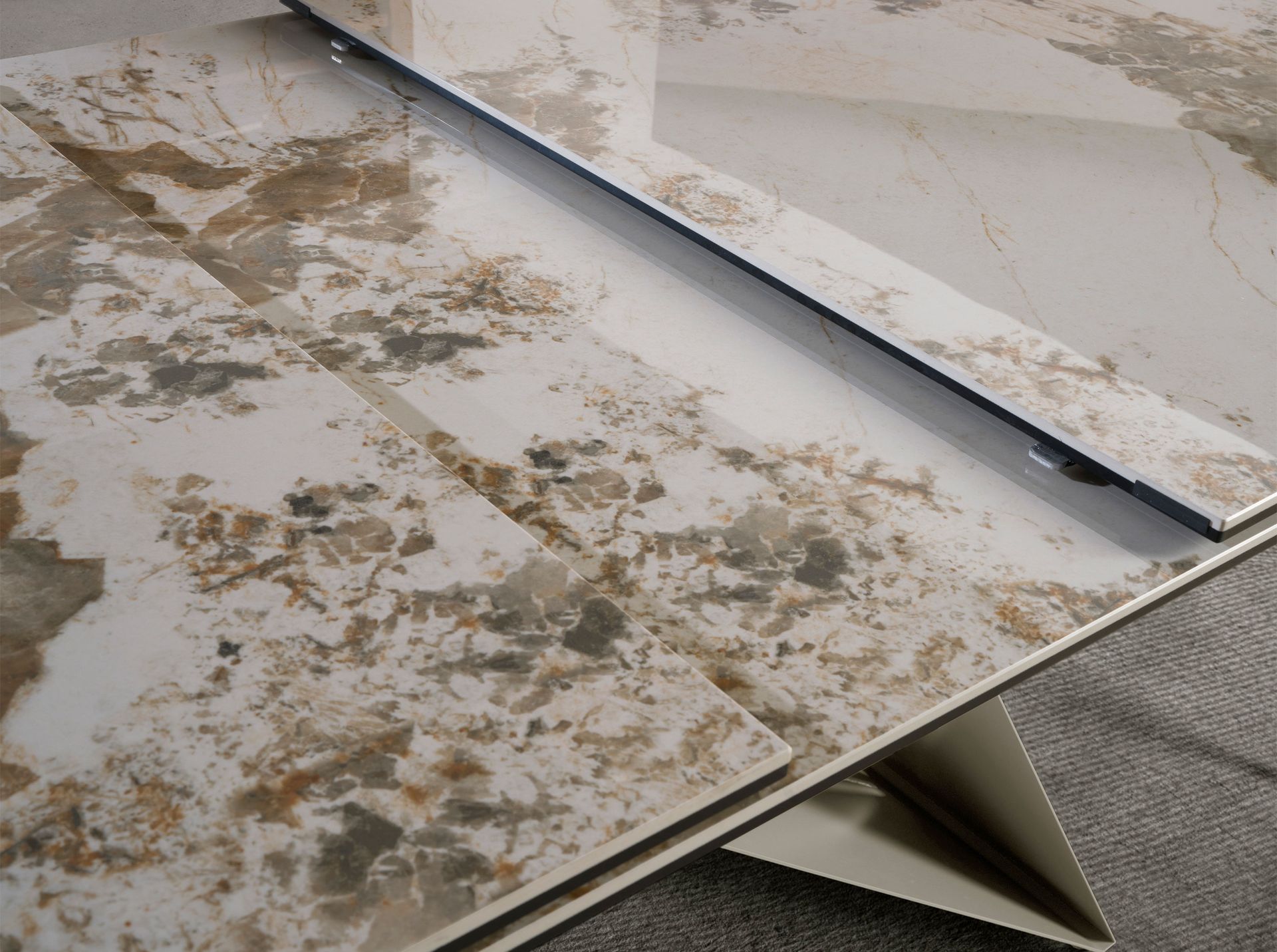 Rectangular extending dining table in porcelain marble and taupe grey steel