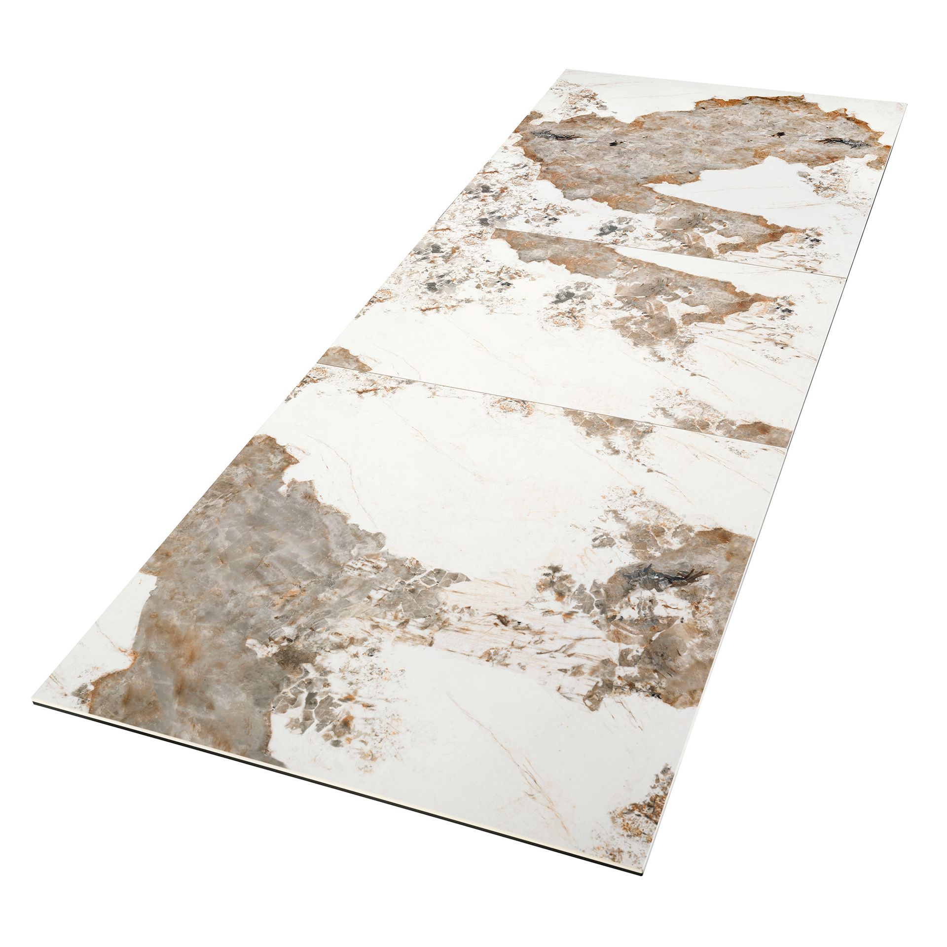 Rectangular extending dining table in porcelain marble and taupe grey steel