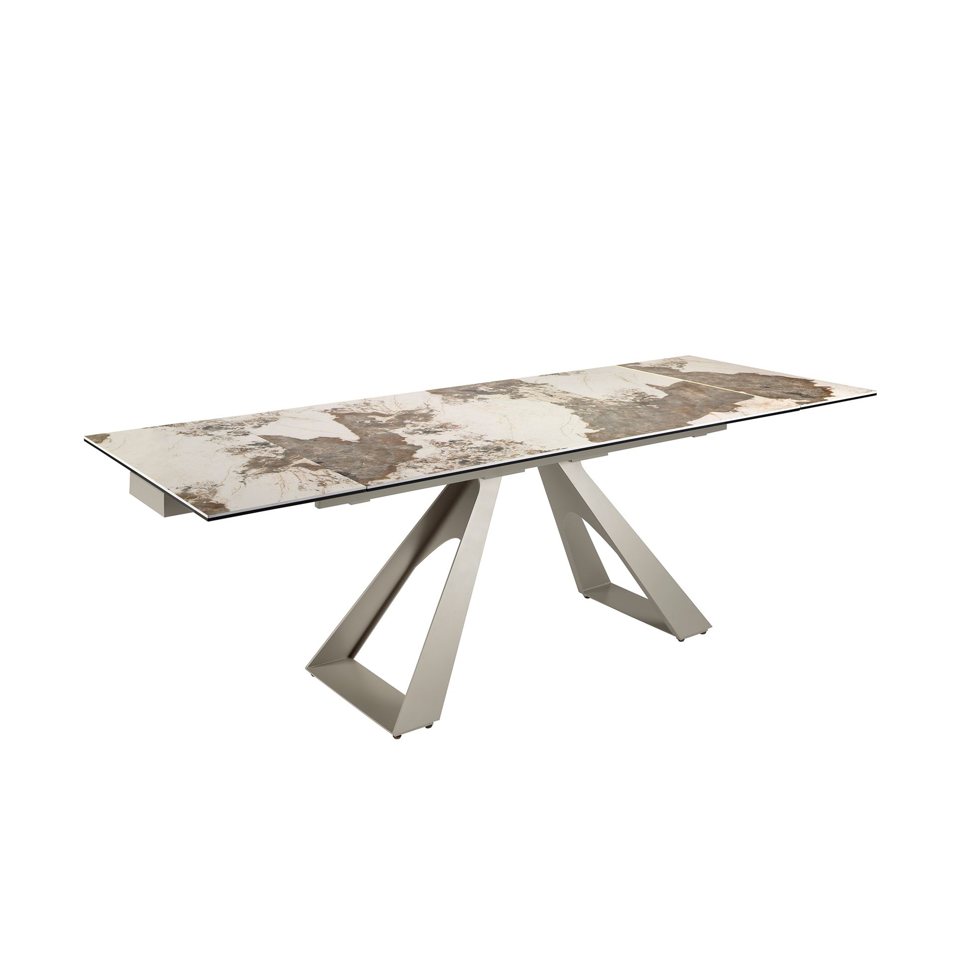 Rectangular extending dining table in porcelain marble and taupe grey steel