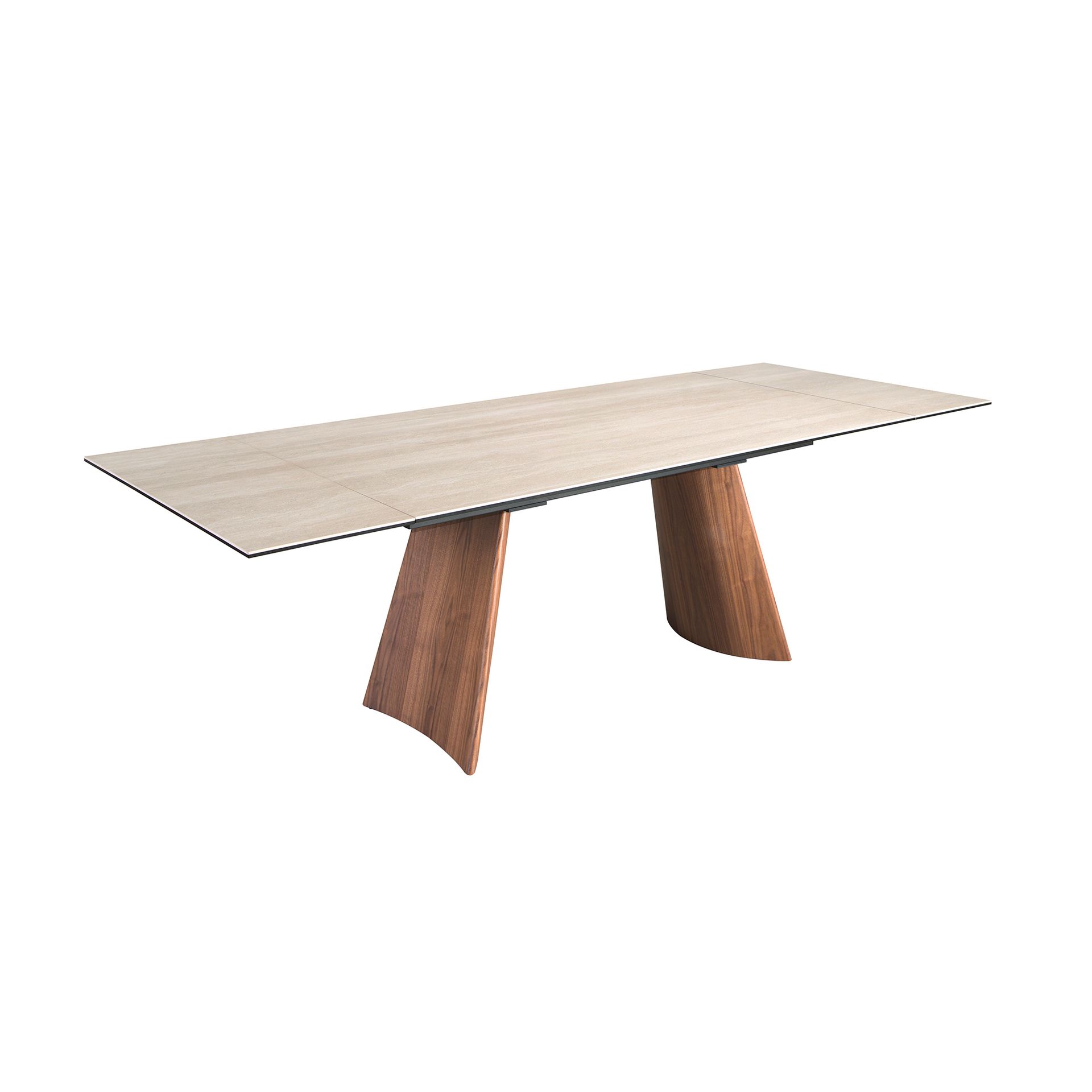Rectangular extending dining table in porcelain marble and walnut effect steel
