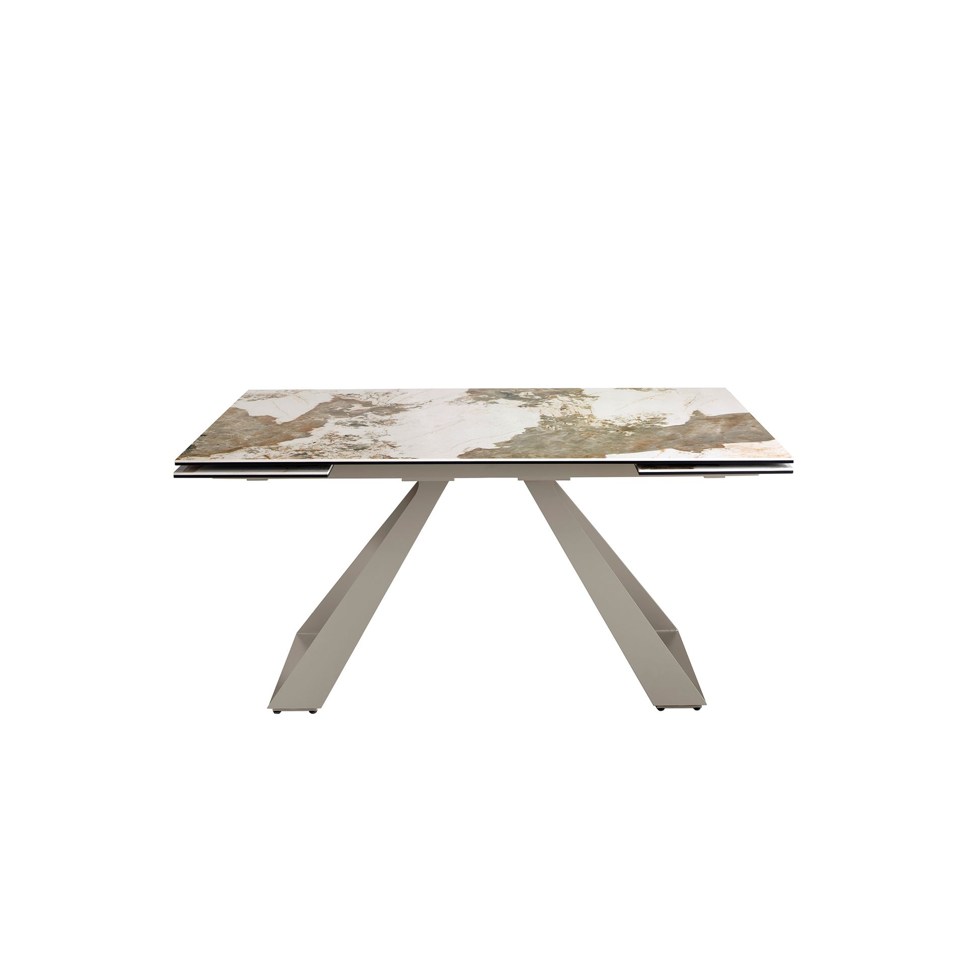 Rectangular extending dining table in porcelain marble and taupe grey steel