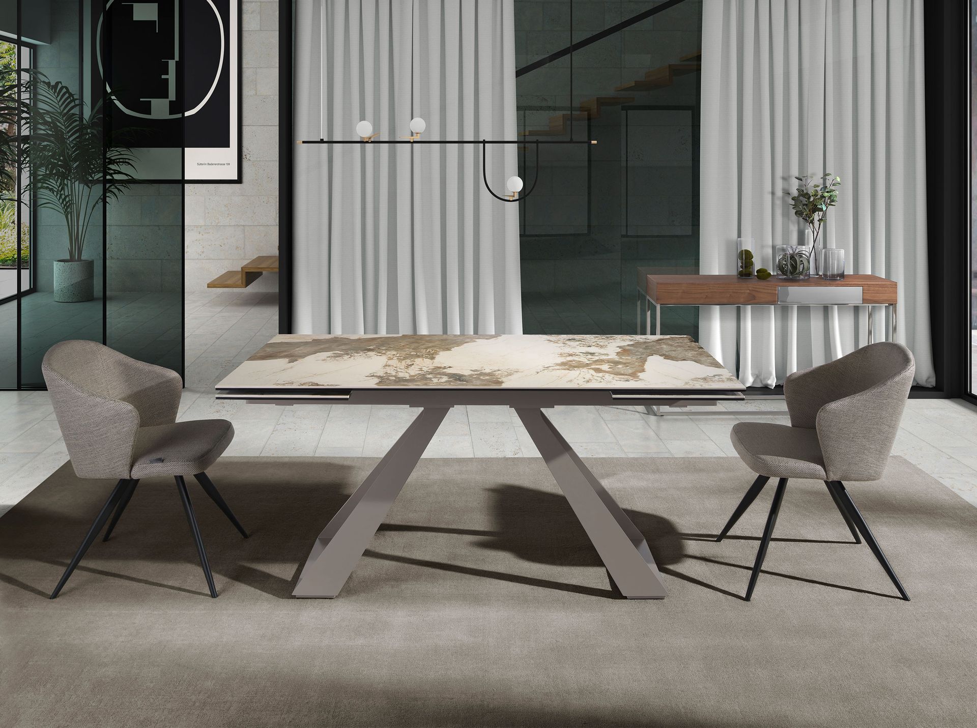 Rectangular extending dining table in porcelain marble and taupe grey steel