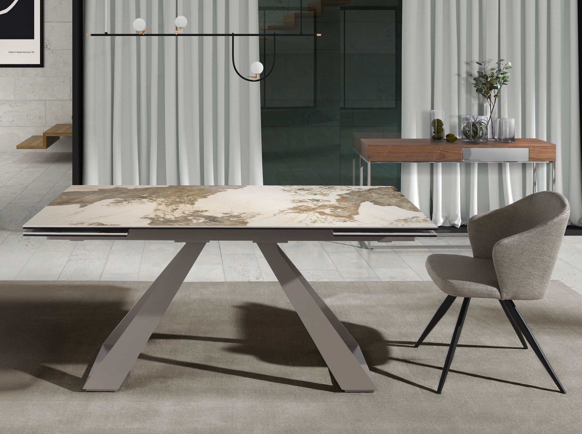 Rectangular extending dining table in porcelain marble and taupe grey steel