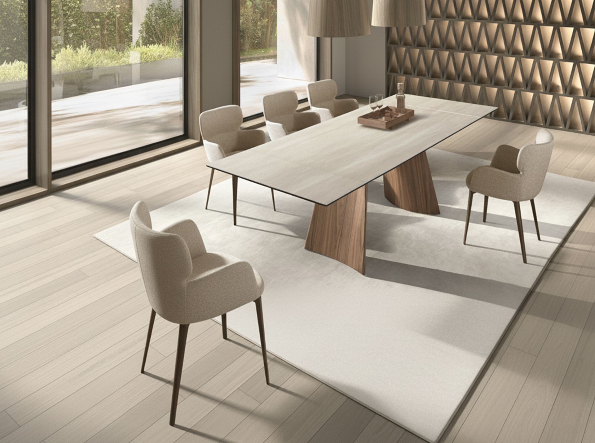Rectangular extending dining table in porcelain marble and walnut effect steel