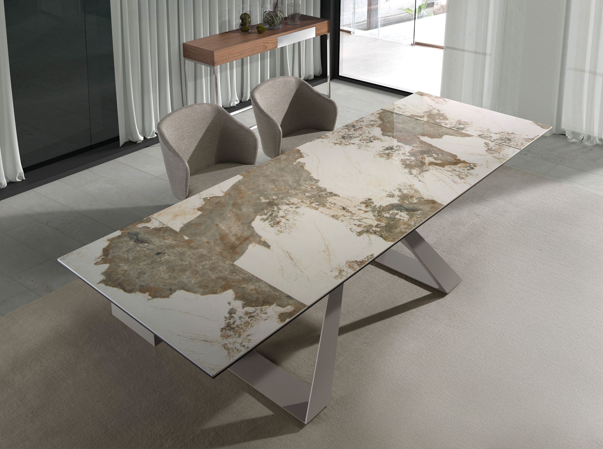 Rectangular extending dining table in porcelain marble and taupe grey steel