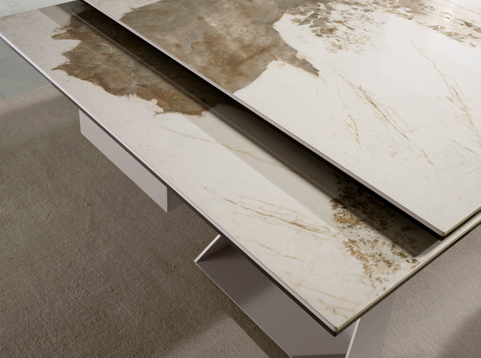 Rectangular extending dining table in porcelain marble and taupe grey steel