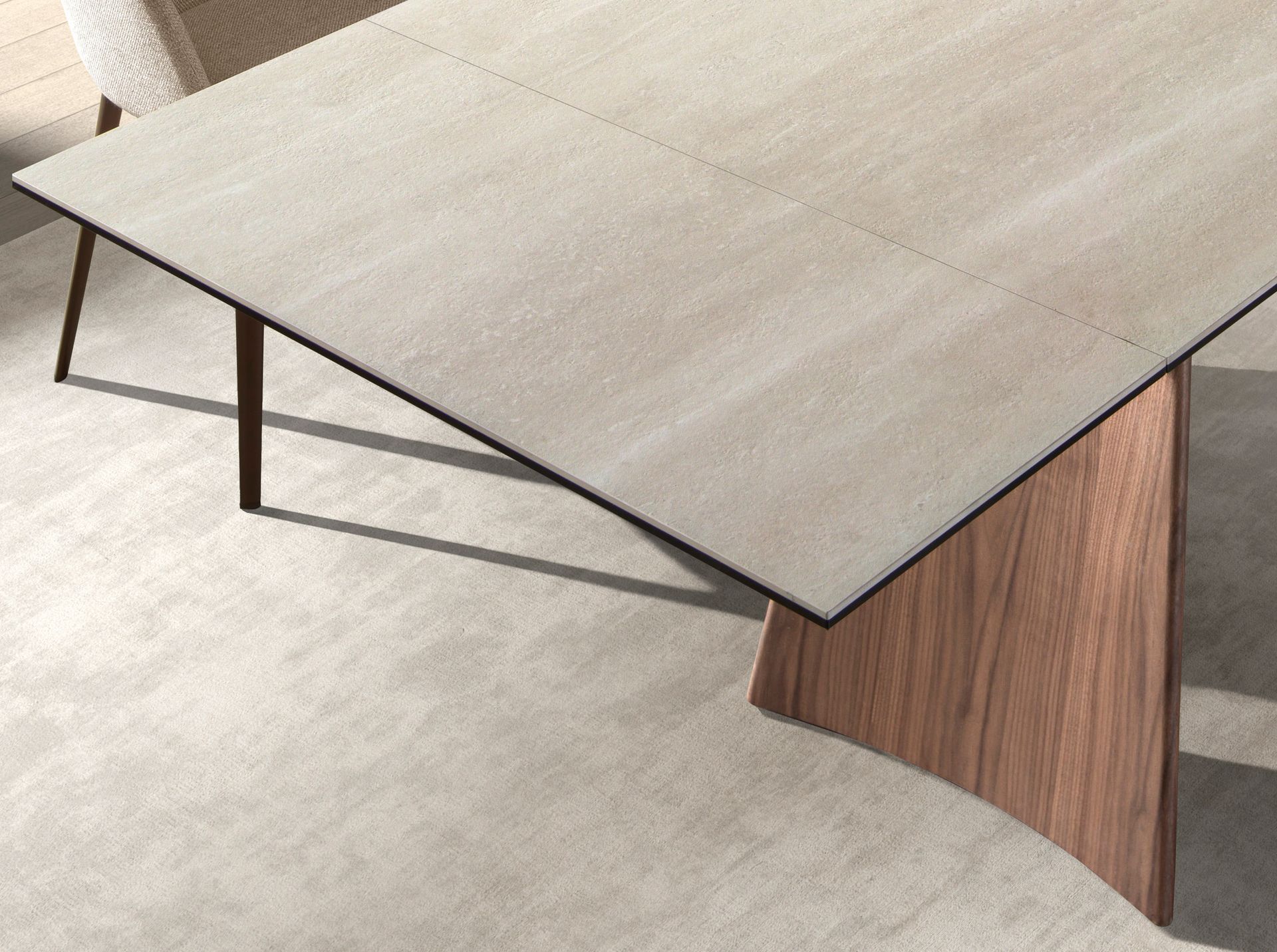 Rectangular extending dining table in porcelain marble and walnut effect steel