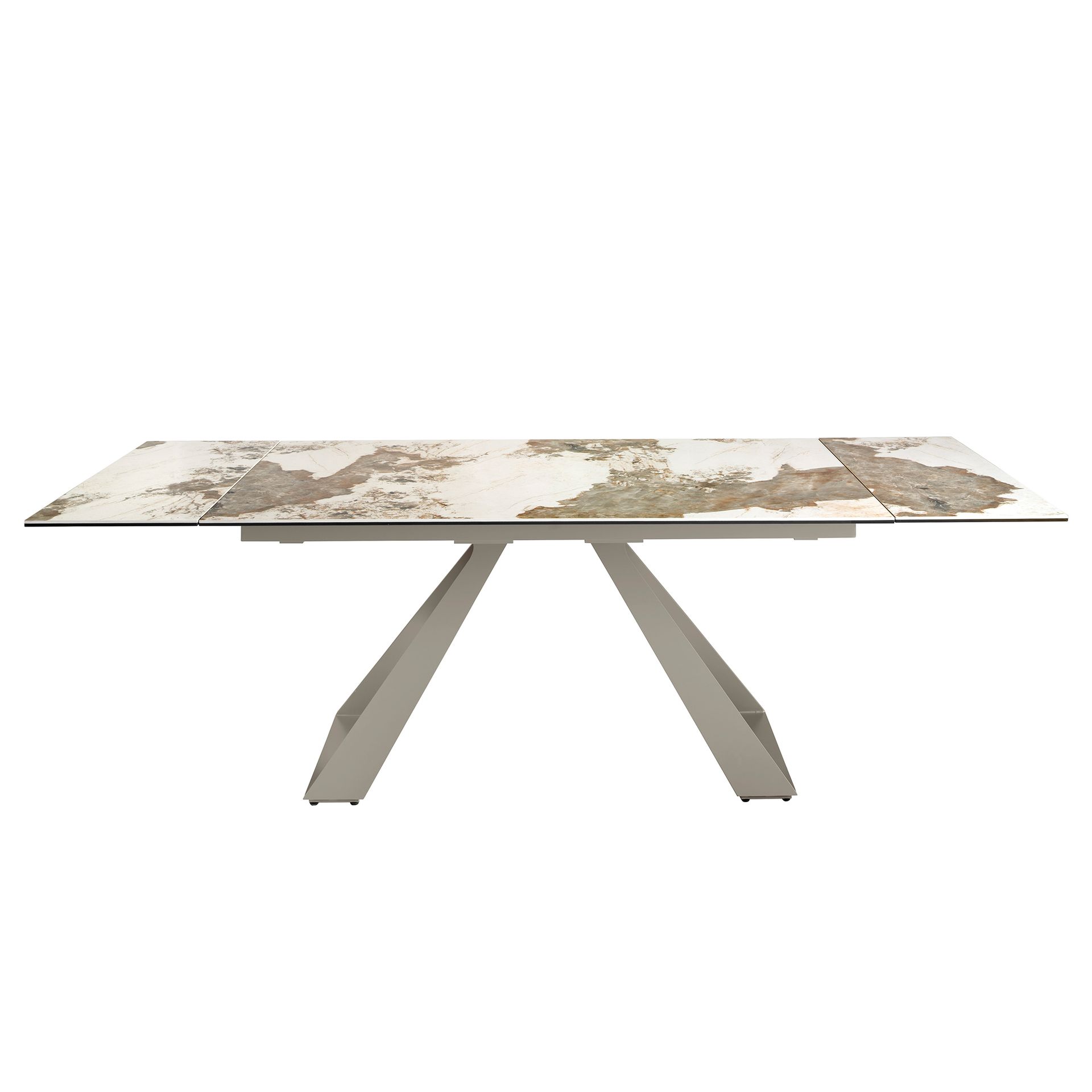 Rectangular extending dining table in porcelain marble and taupe grey steel
