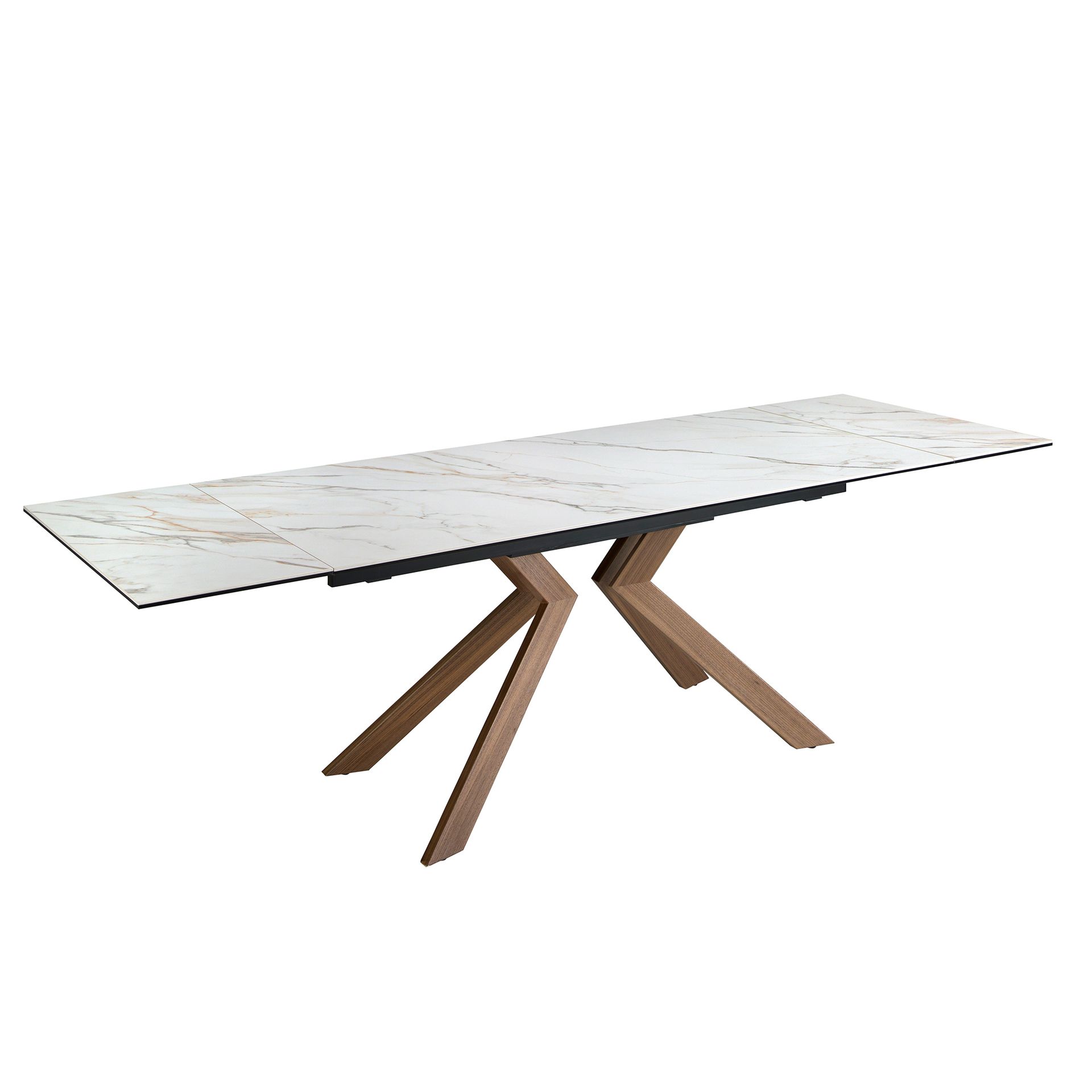 Rectangular extending dining table in porcelain marble and walnut effect steel