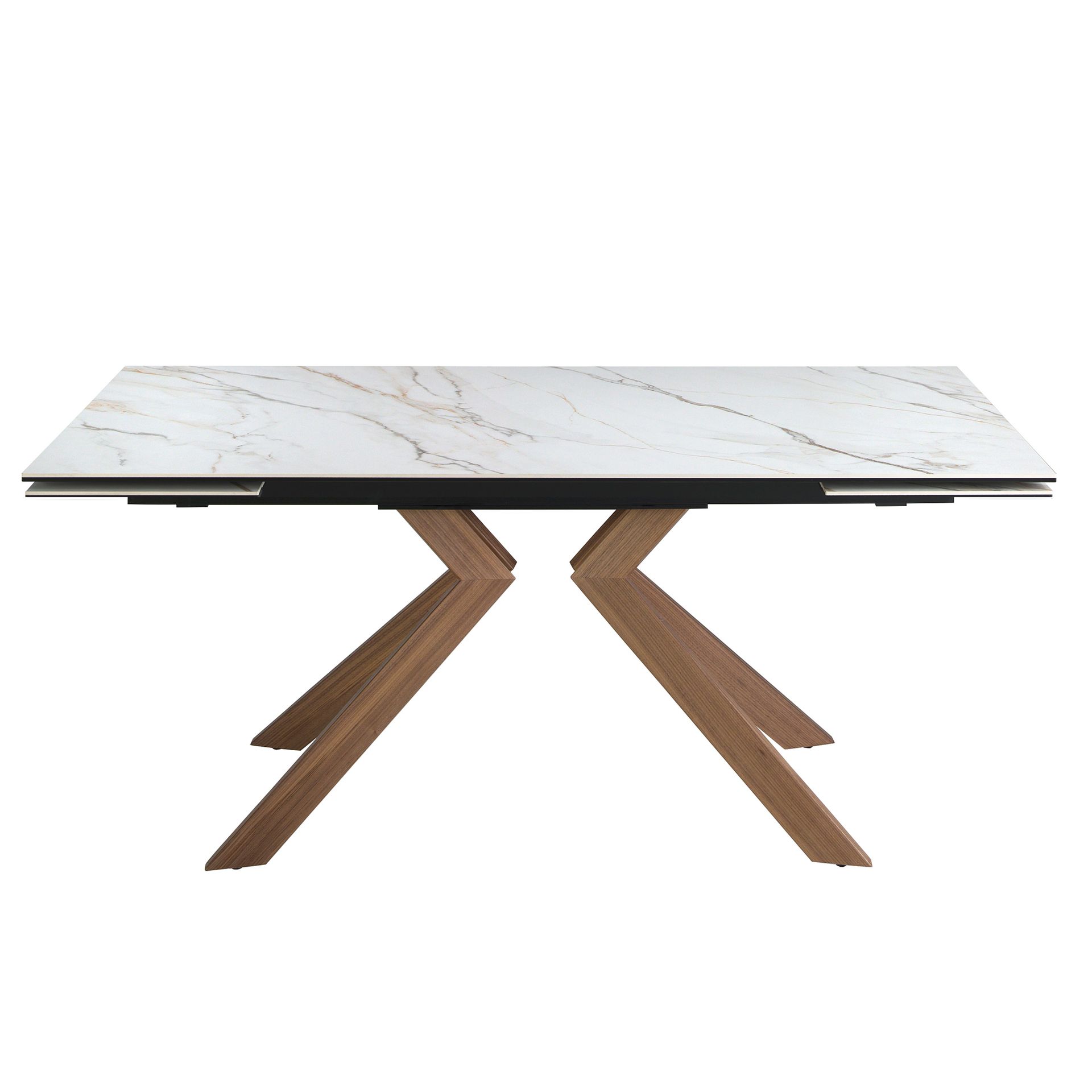 Rectangular extending dining table in porcelain marble and walnut effect steel