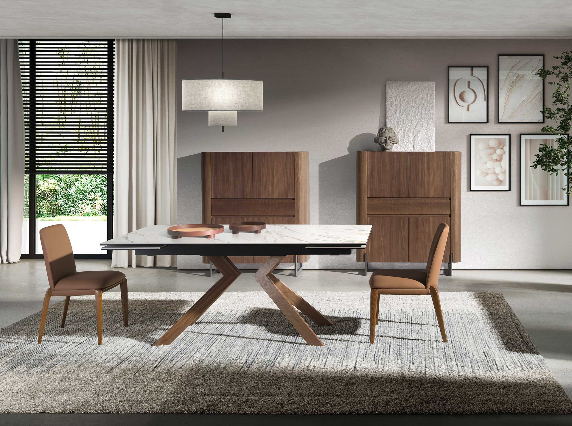 Rectangular extending dining table in porcelain marble and walnut effect steel