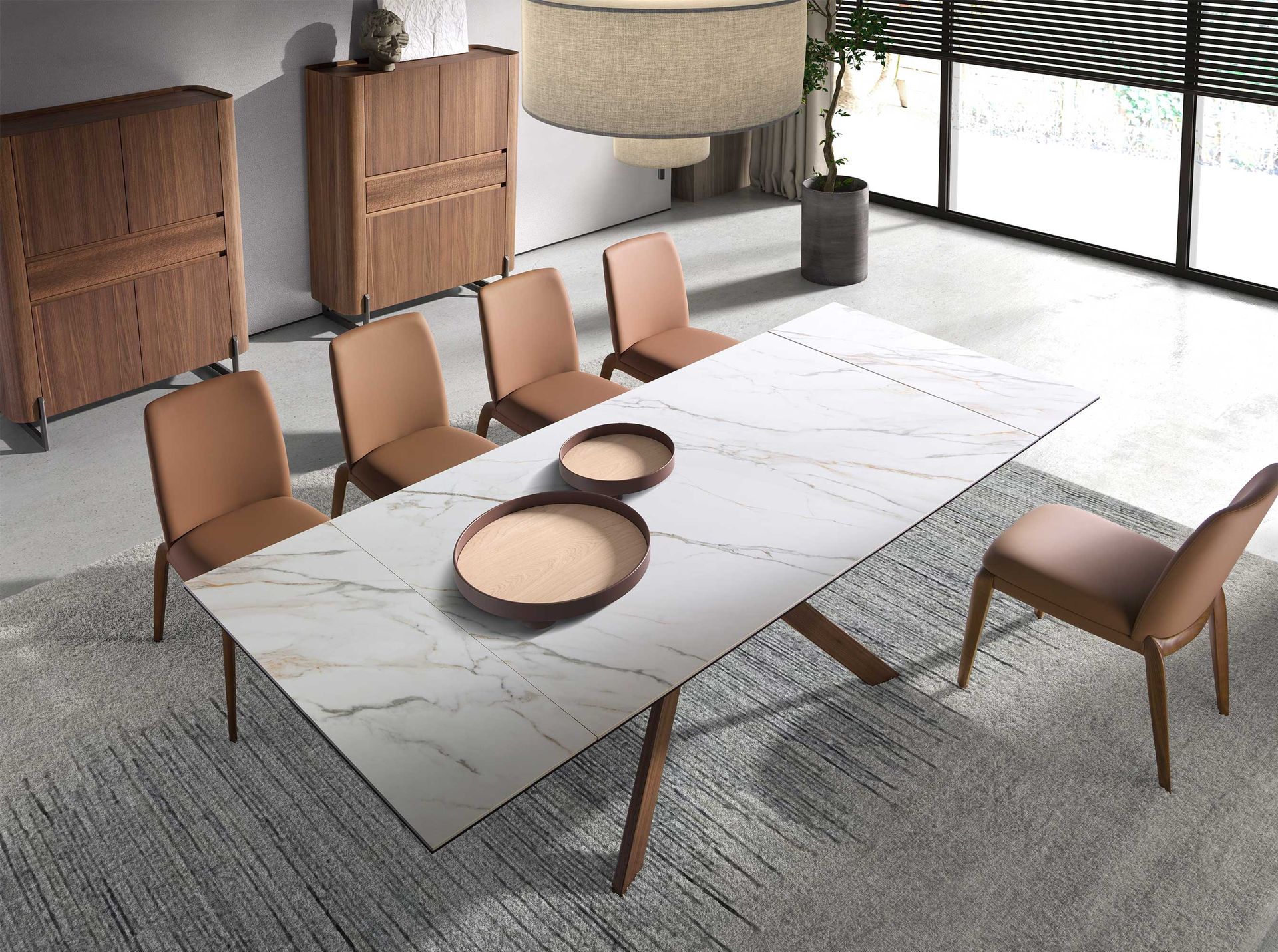 Rectangular extending dining table in porcelain marble and walnut effect steel