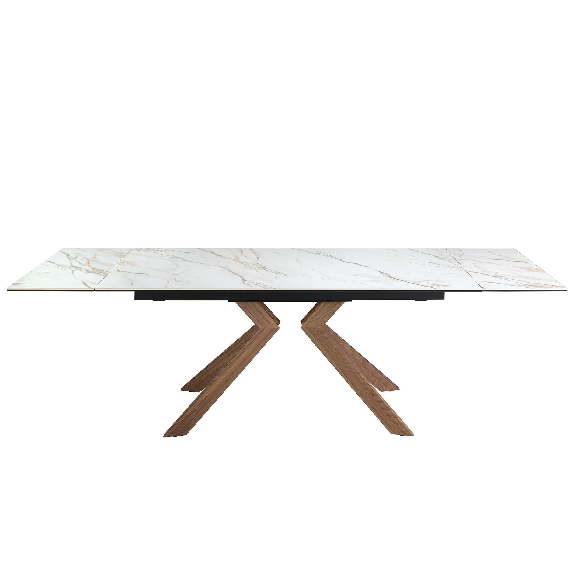 Rectangular extending dining table in porcelain marble and walnut effect steel