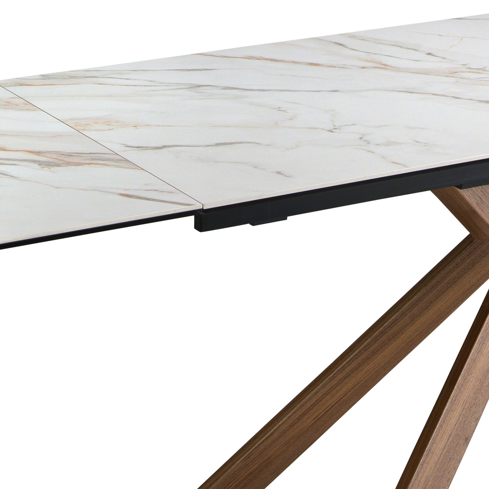Rectangular extending dining table in porcelain marble and walnut effect steel