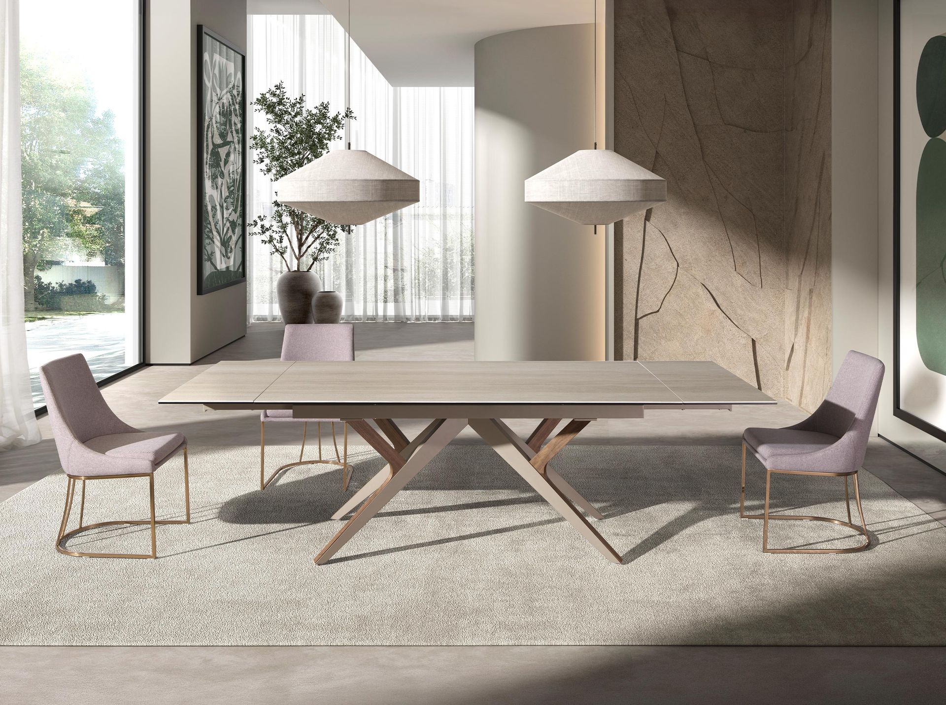 Rectangular extending dining table in porcelain marble, metallic sand steel and walnut