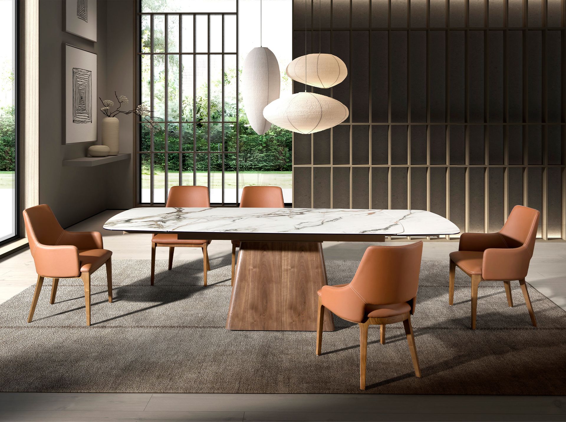 Rectangular extending dining table in porcelain marble and walnut wood