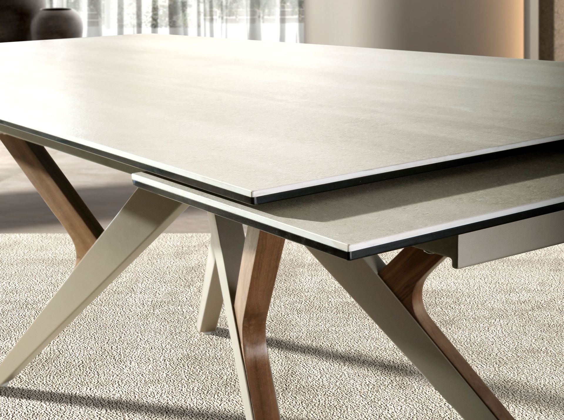 Rectangular extending dining table in porcelain marble, metallic sand steel and walnut