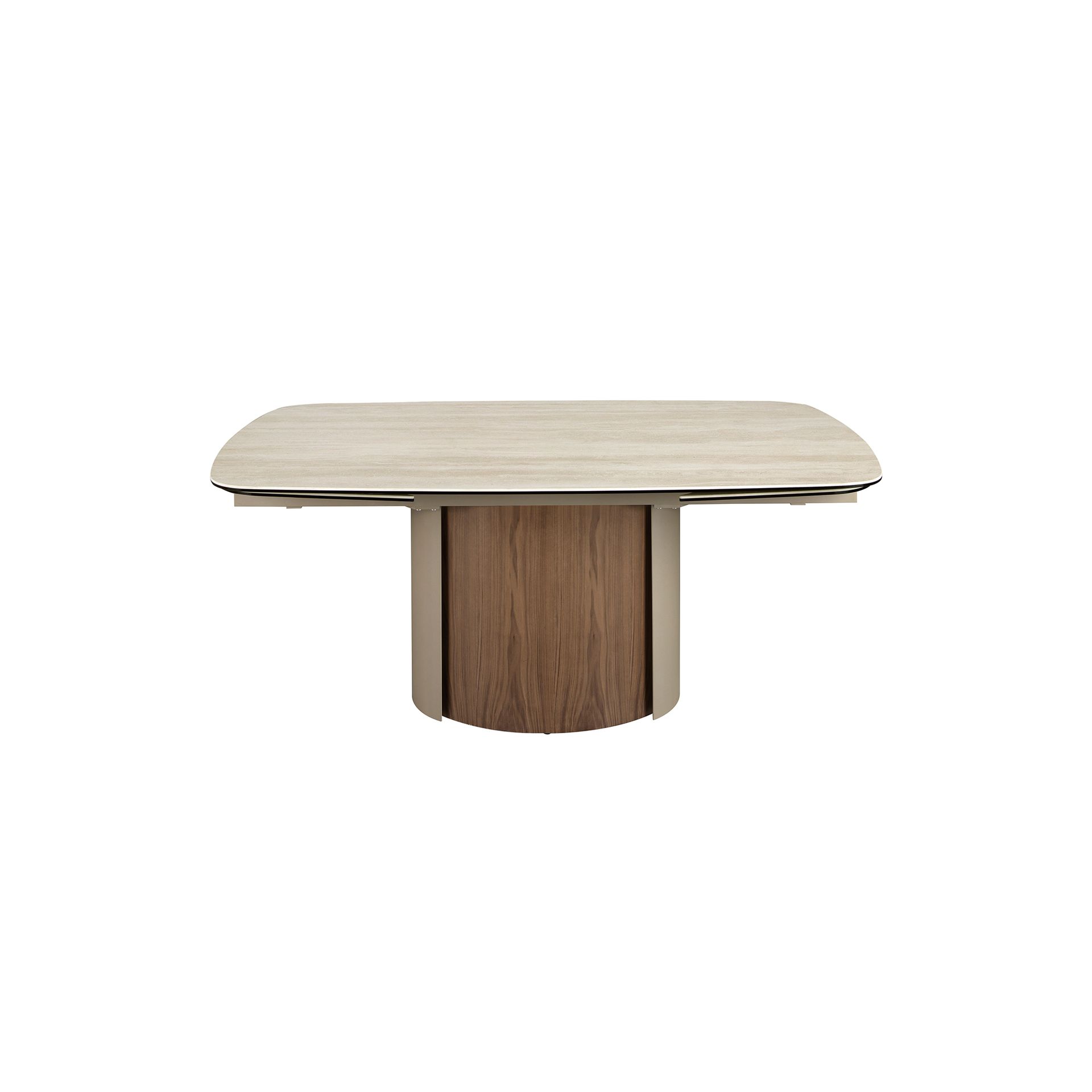 Rectangular extending dining table in porcelain marble, metallic sand steel and walnut