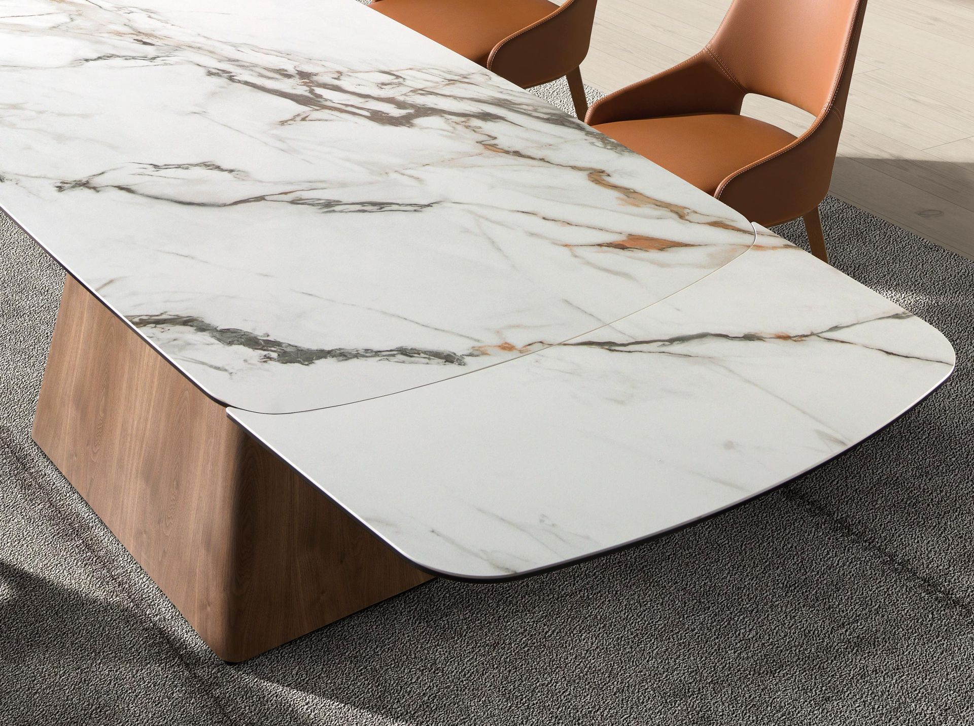 Rectangular extending dining table in porcelain marble and walnut wood