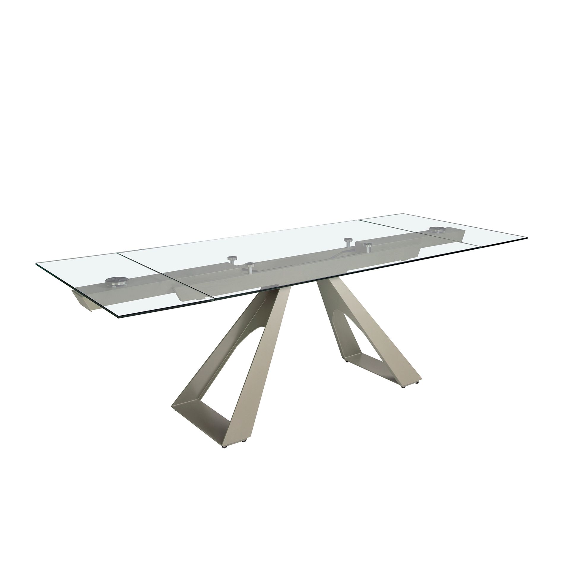 Rectangular extending dining table in tempered glass and taupe grey steel