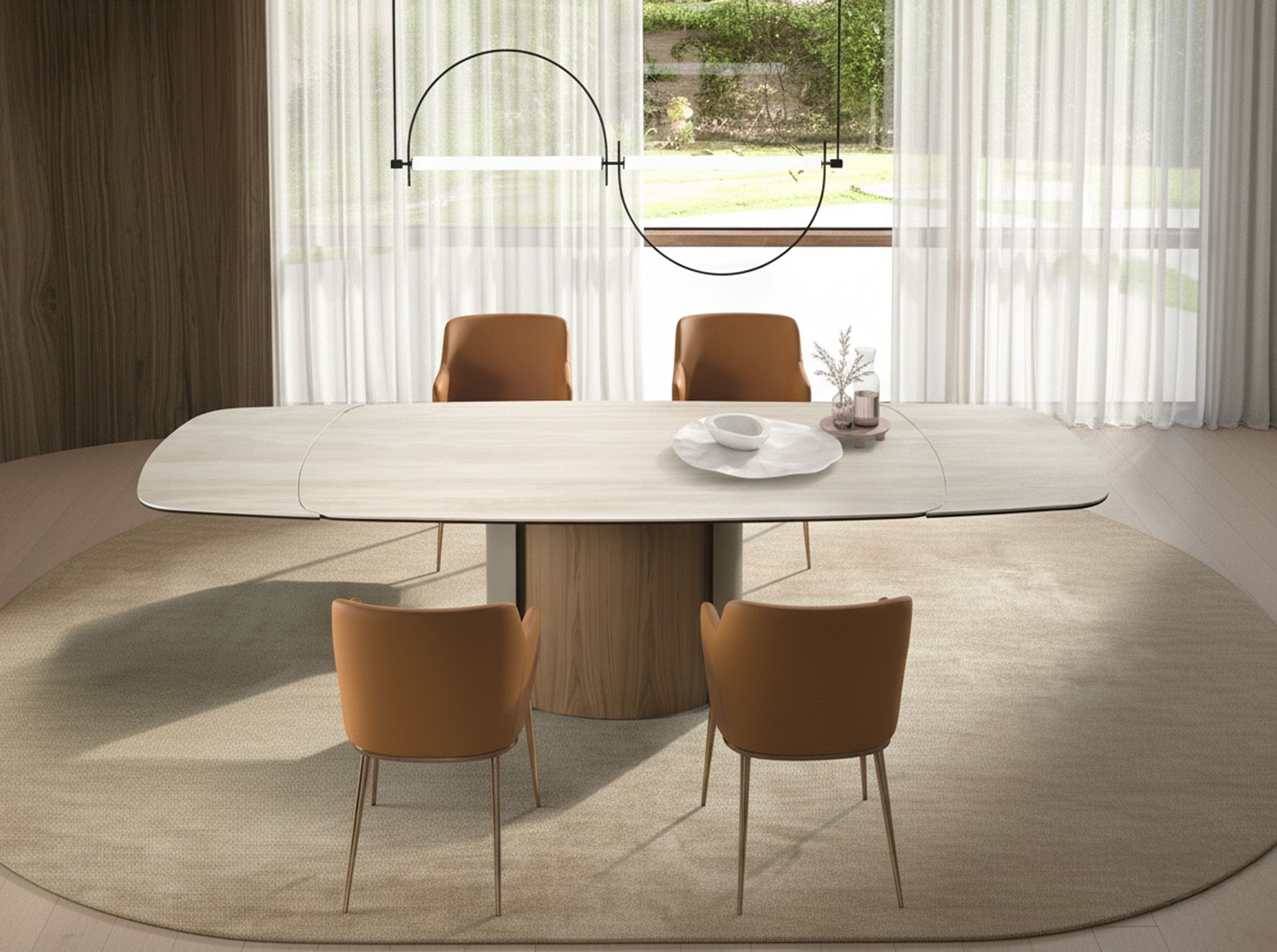Rectangular extending dining table in porcelain marble, metallic sand steel and walnut
