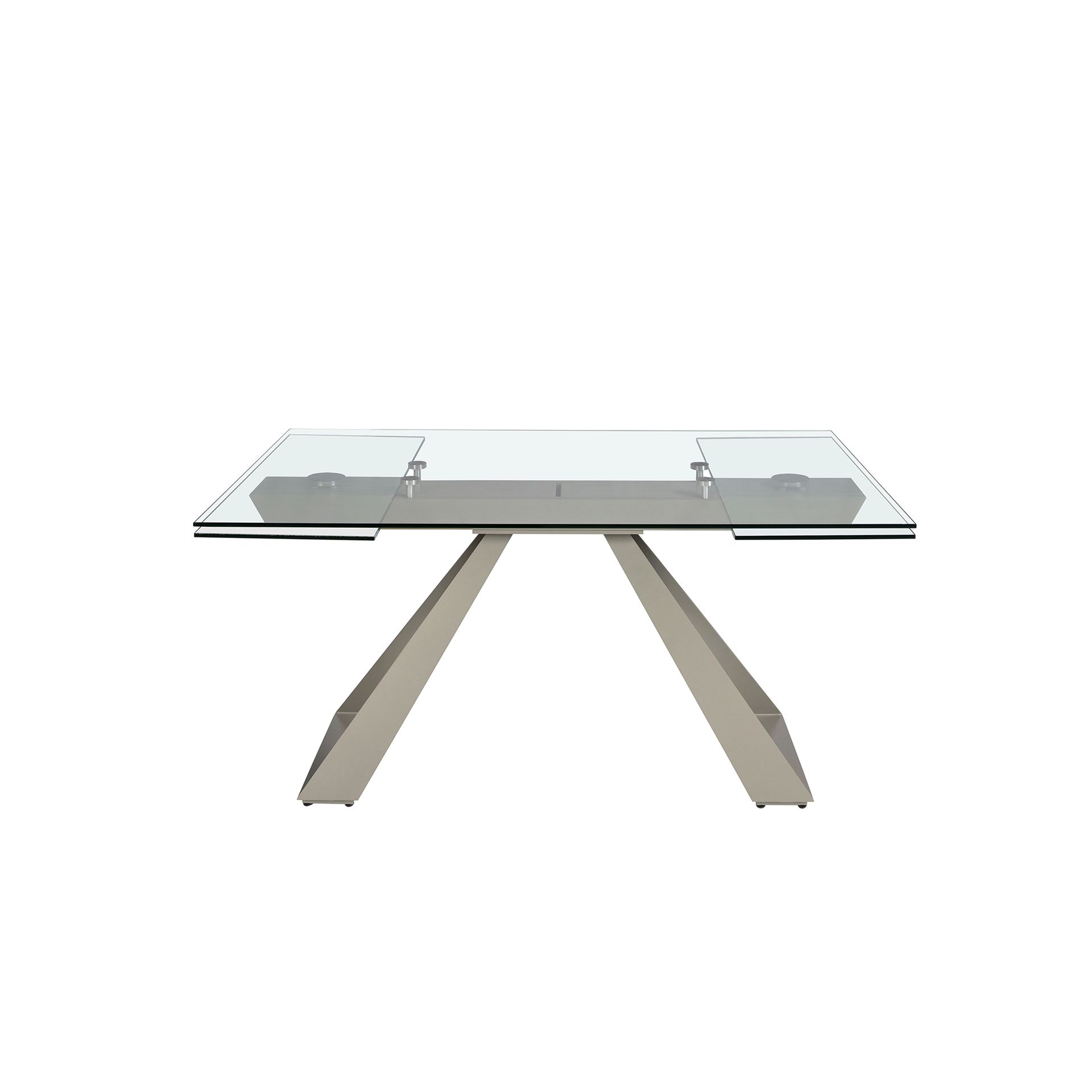 Rectangular extending dining table in tempered glass and taupe grey steel