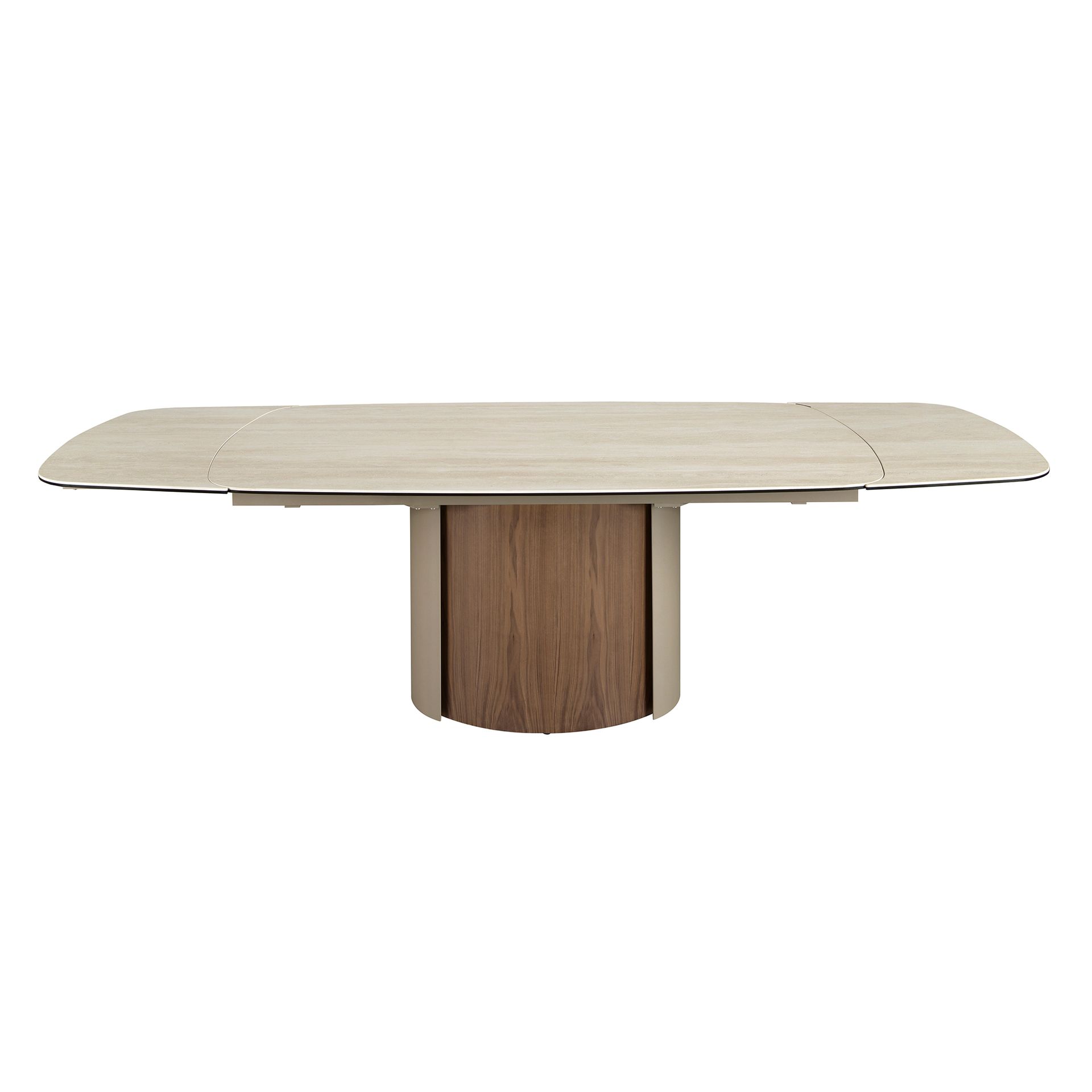 Rectangular extending dining table in porcelain marble, metallic sand steel and walnut