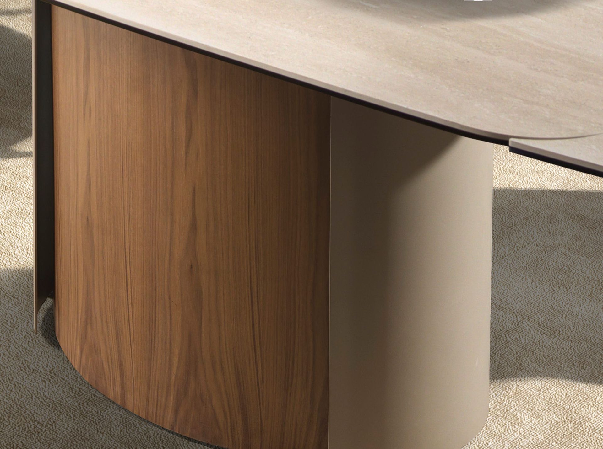 Rectangular extending dining table in porcelain marble, metallic sand steel and walnut