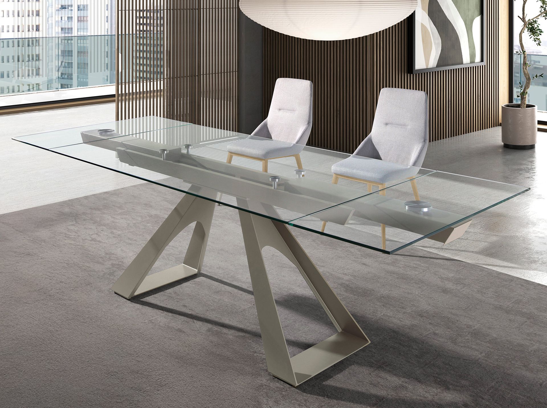 Rectangular extending dining table in tempered glass and taupe grey steel