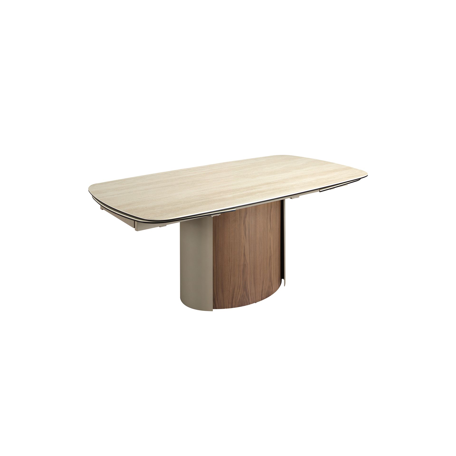 Rectangular extending dining table in porcelain marble, metallic sand steel and walnut