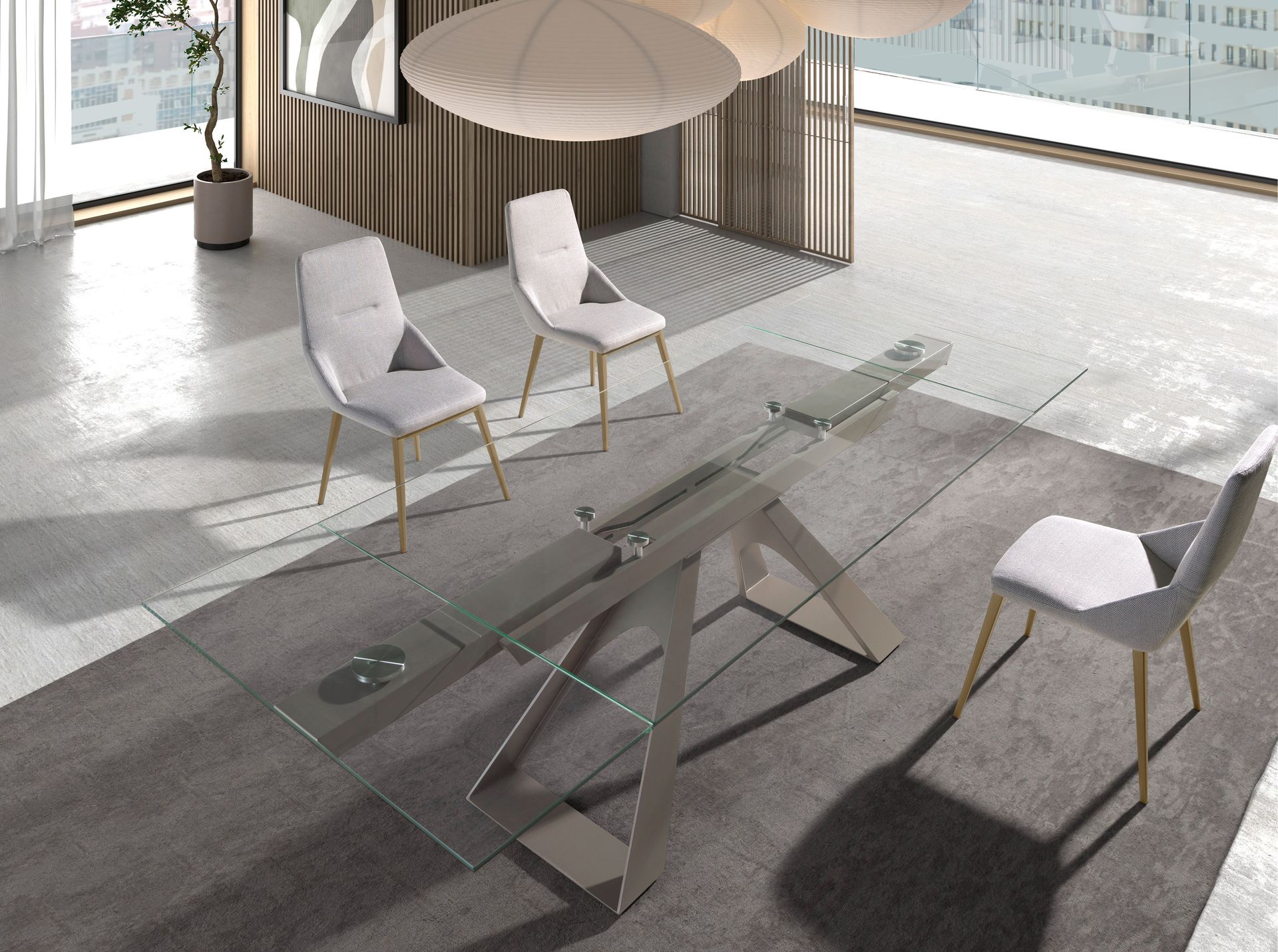 Rectangular extending dining table in tempered glass and taupe grey steel