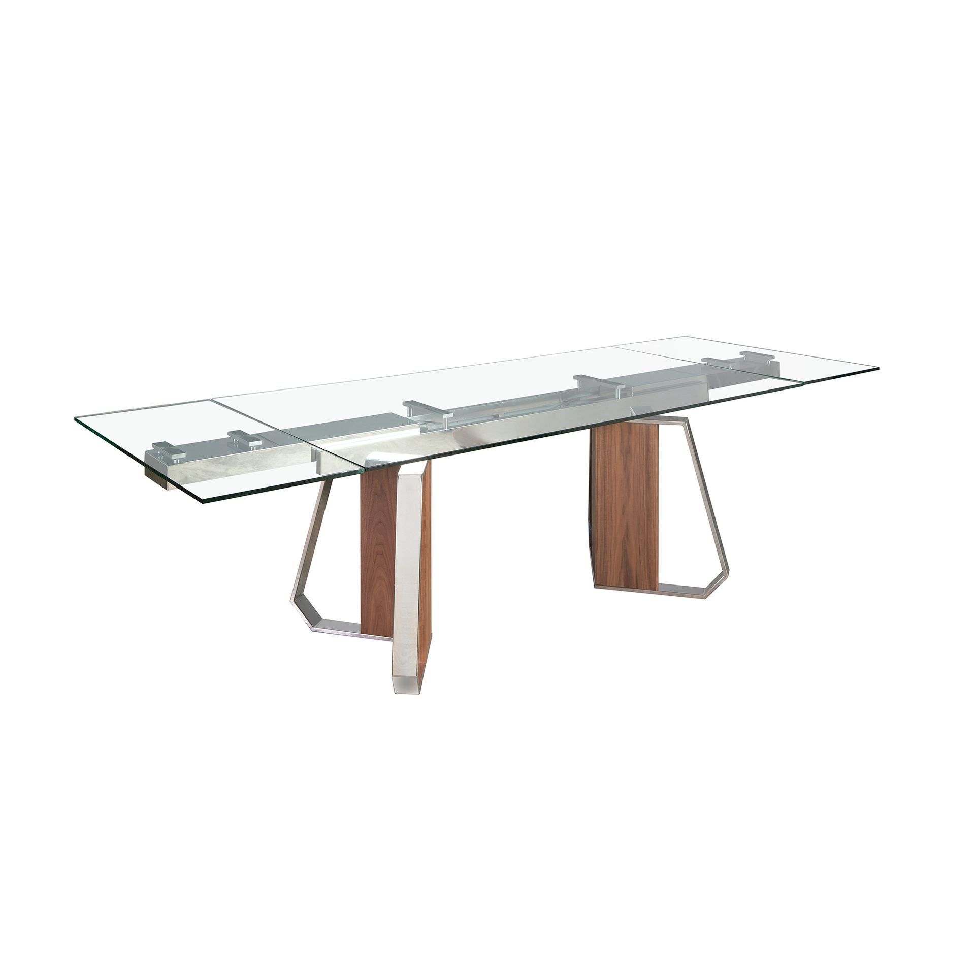Rectangular extending dining table in tempered glass, walnut and chromed steel