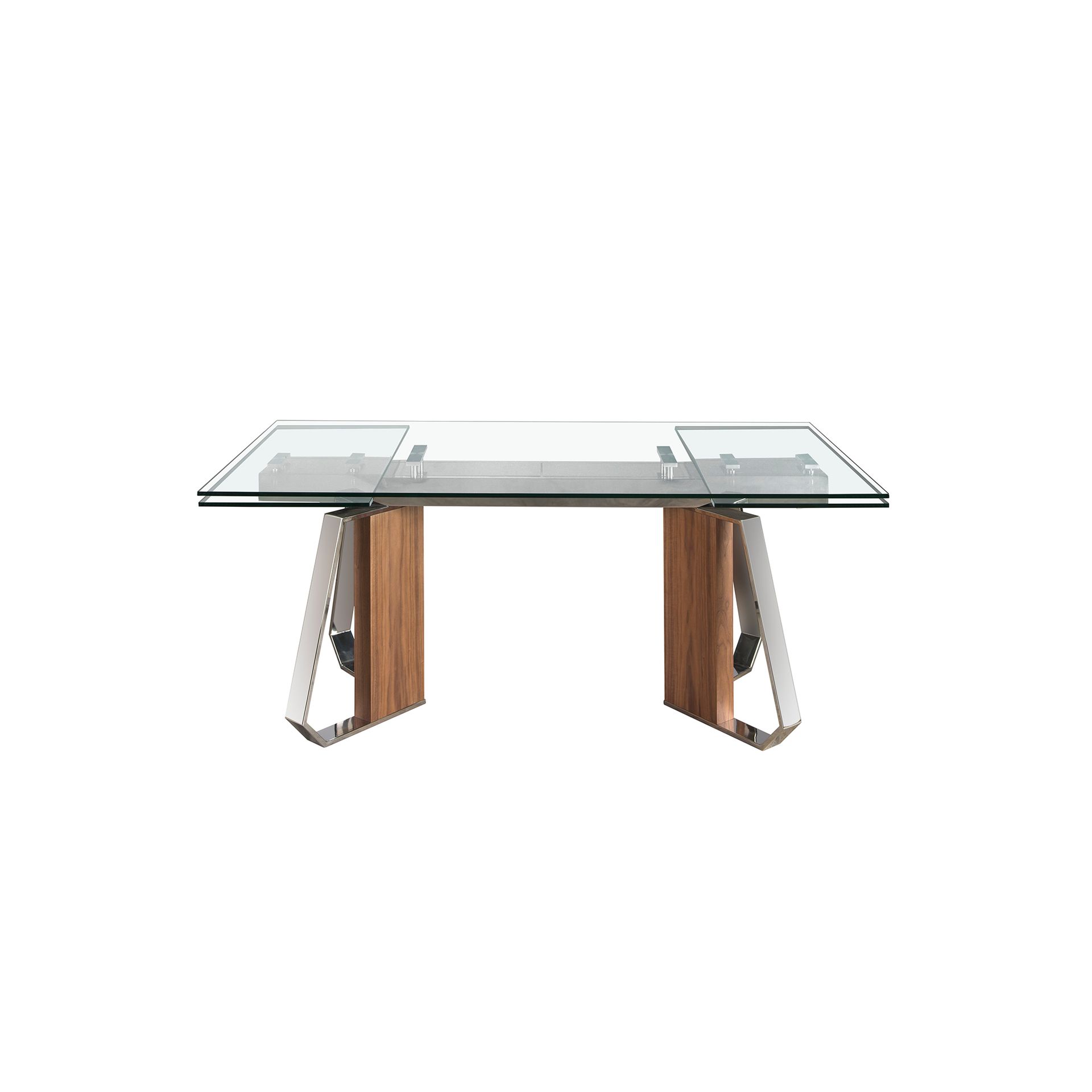 Rectangular extending dining table in tempered glass, walnut and chromed steel