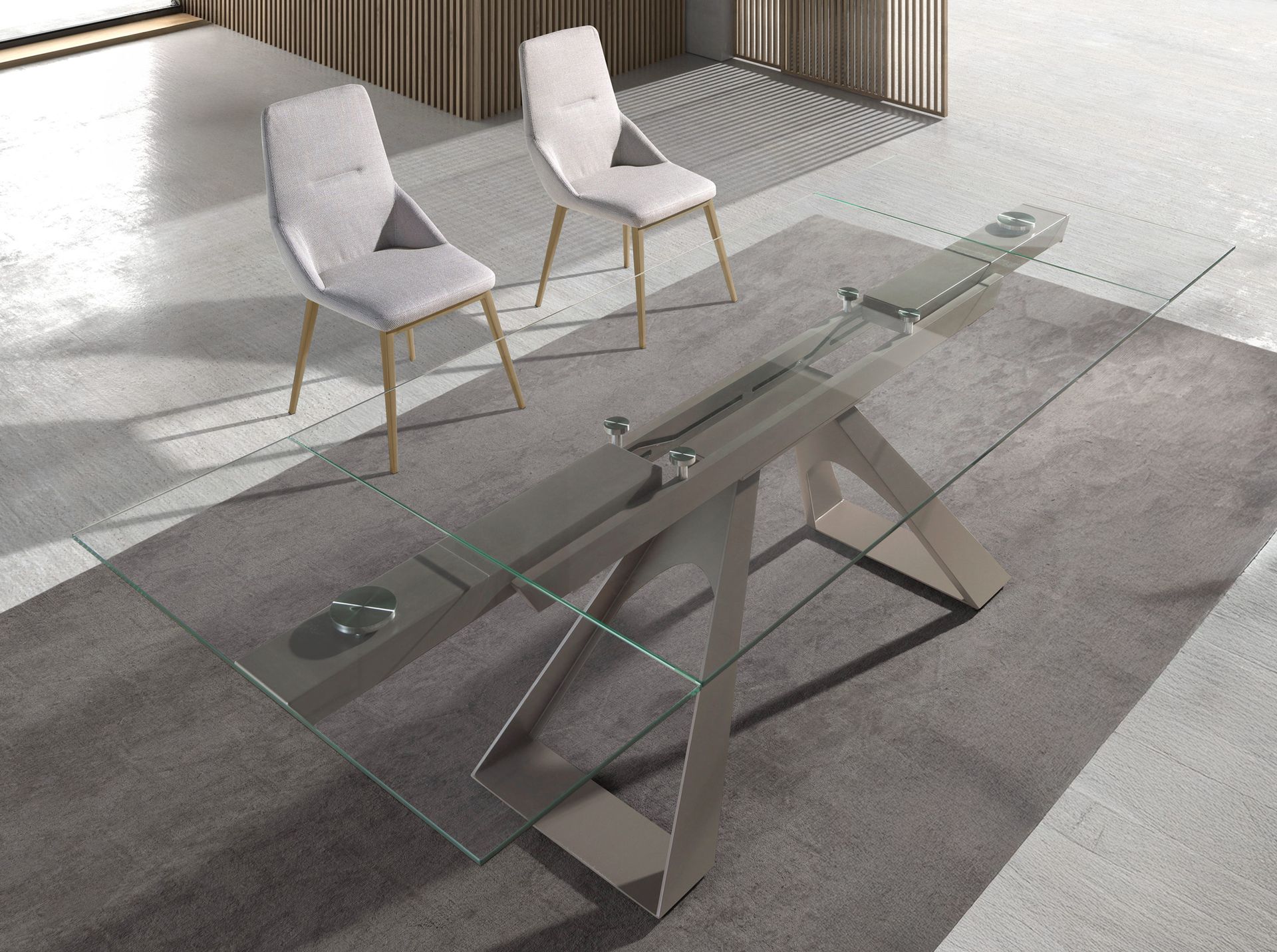 Rectangular extending dining table in tempered glass and taupe grey steel