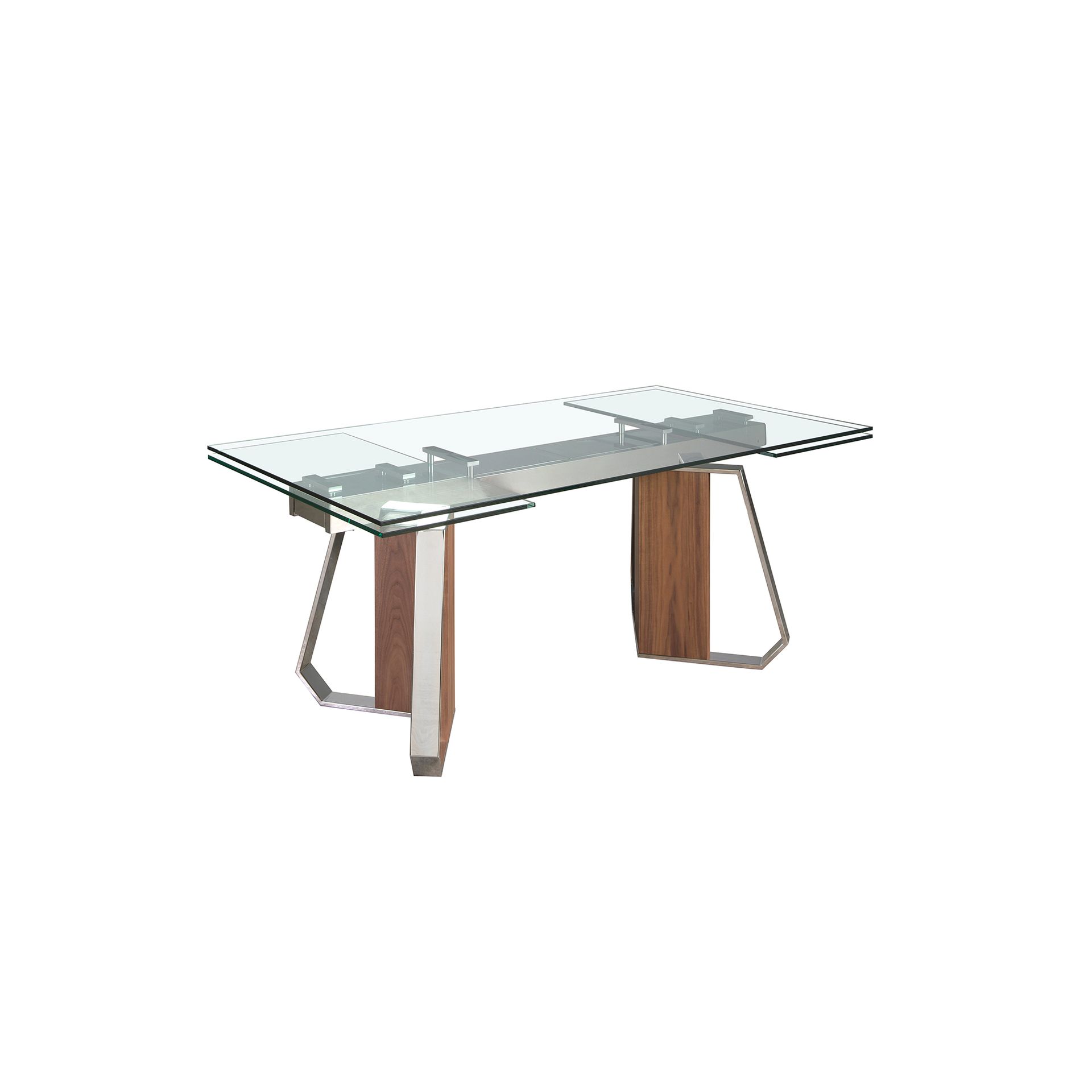 Rectangular extending dining table in tempered glass, walnut and chromed steel
