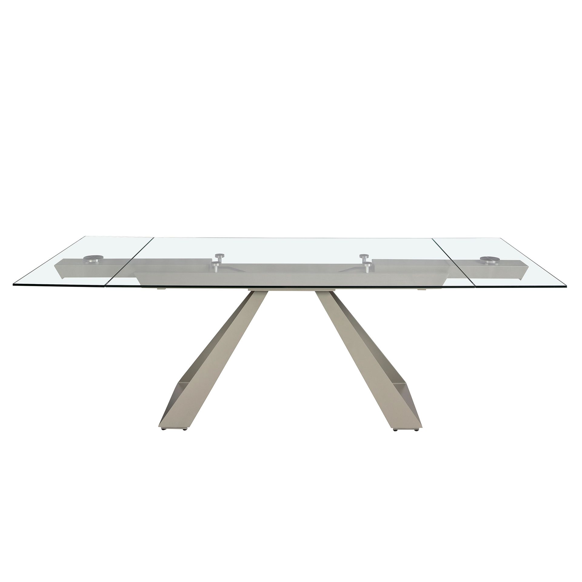 Rectangular extending dining table in tempered glass and taupe grey steel