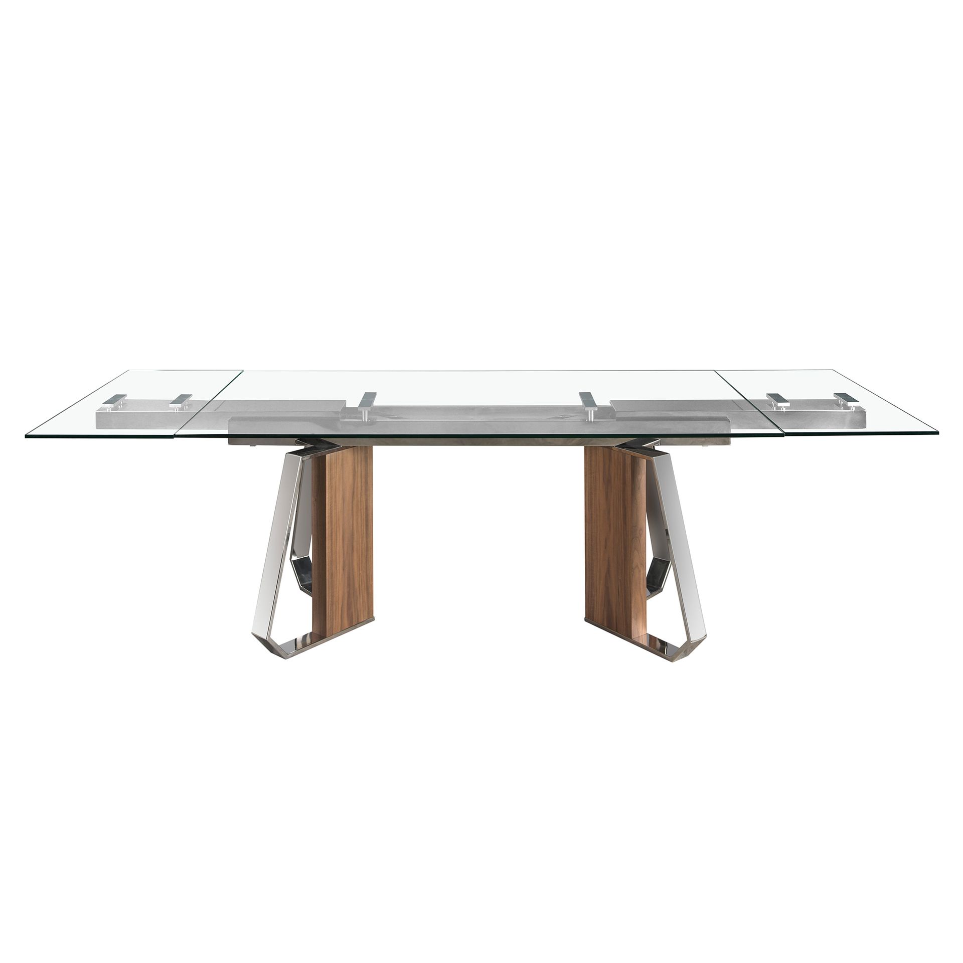 Rectangular extending dining table in tempered glass, walnut and chromed steel