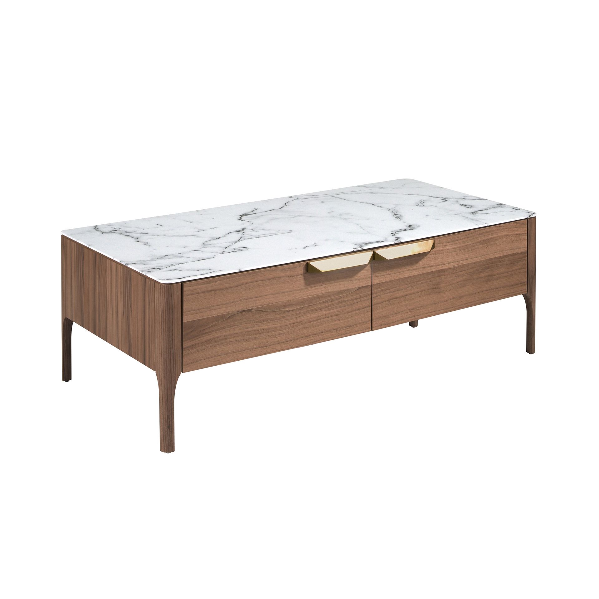 Rectangular glass coffee table imitating marble and walnut