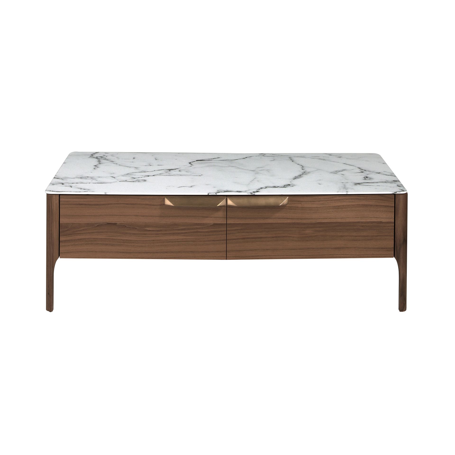 Rectangular glass coffee table imitating marble and walnut