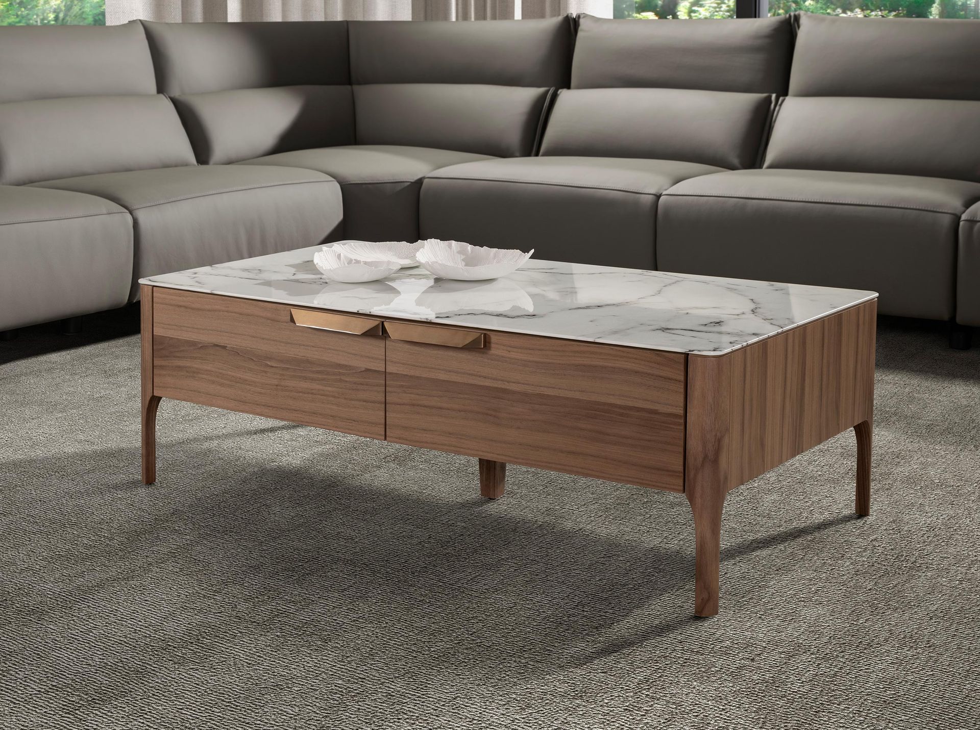 Rectangular glass coffee table imitating marble and walnut