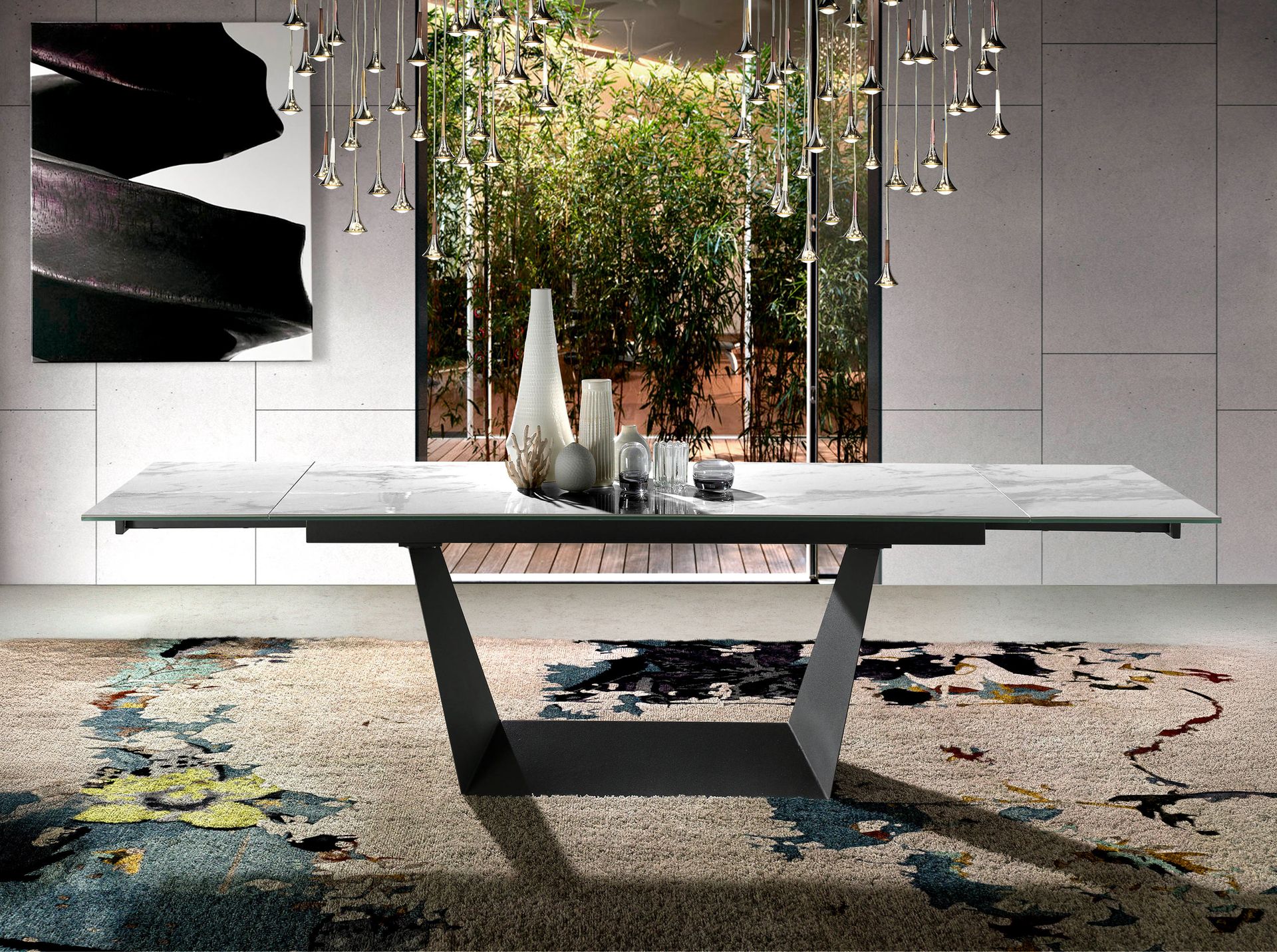 Rectangular porcelain marble and black steel extending dining table