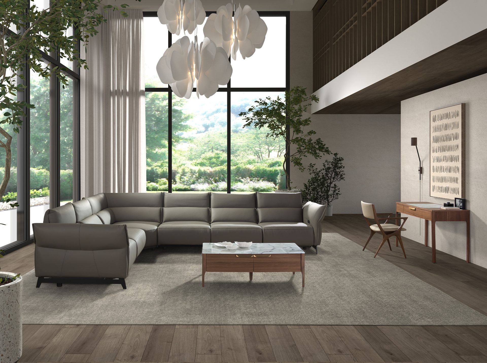 Rectangular glass coffee table imitating marble and walnut